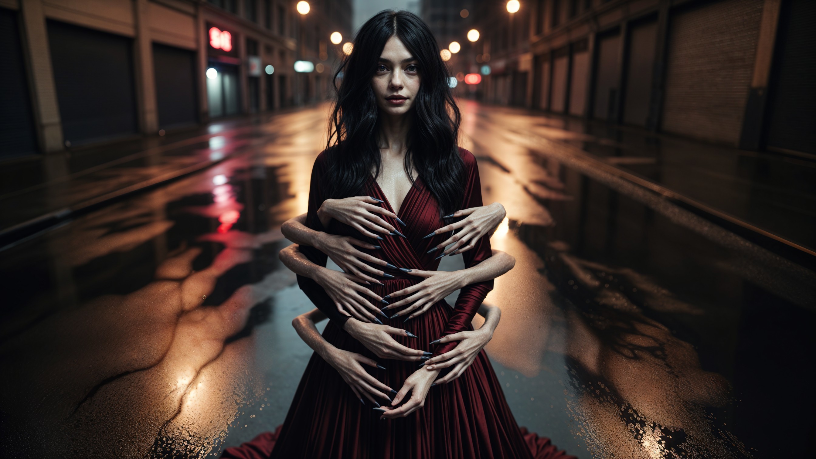 Surreal urban scene with a woman in a red gown