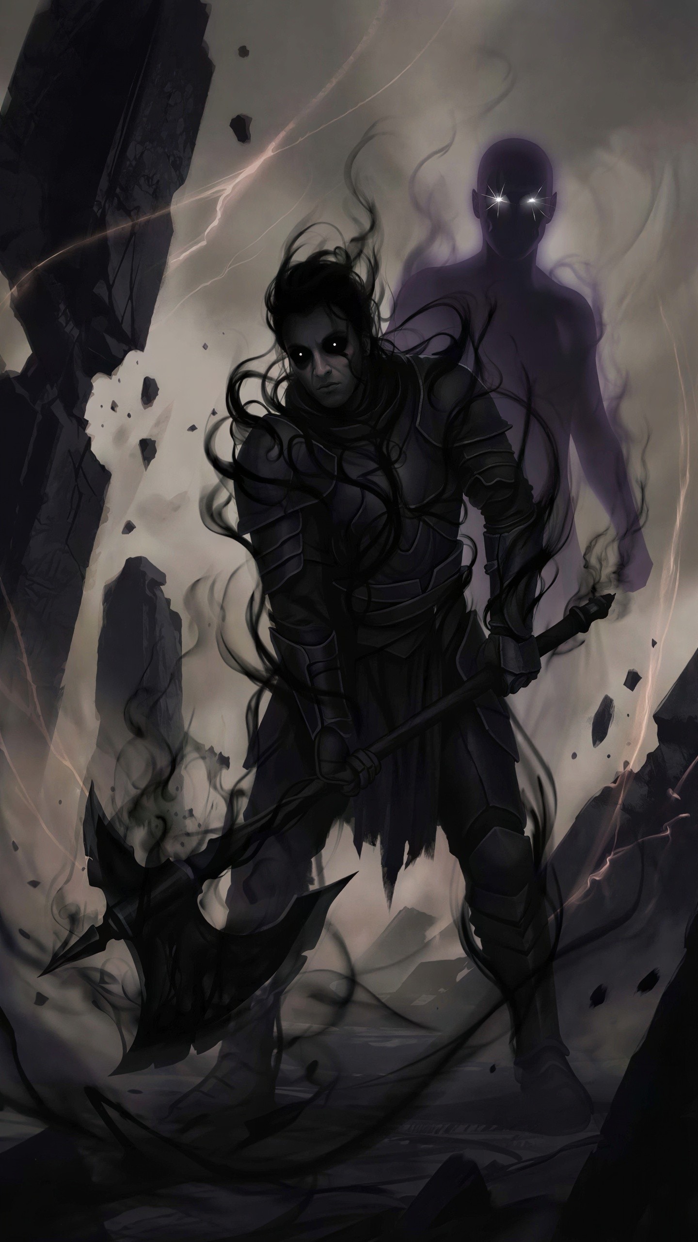 Dark Fantasy Male Figure with Glowing Eyes and Axe