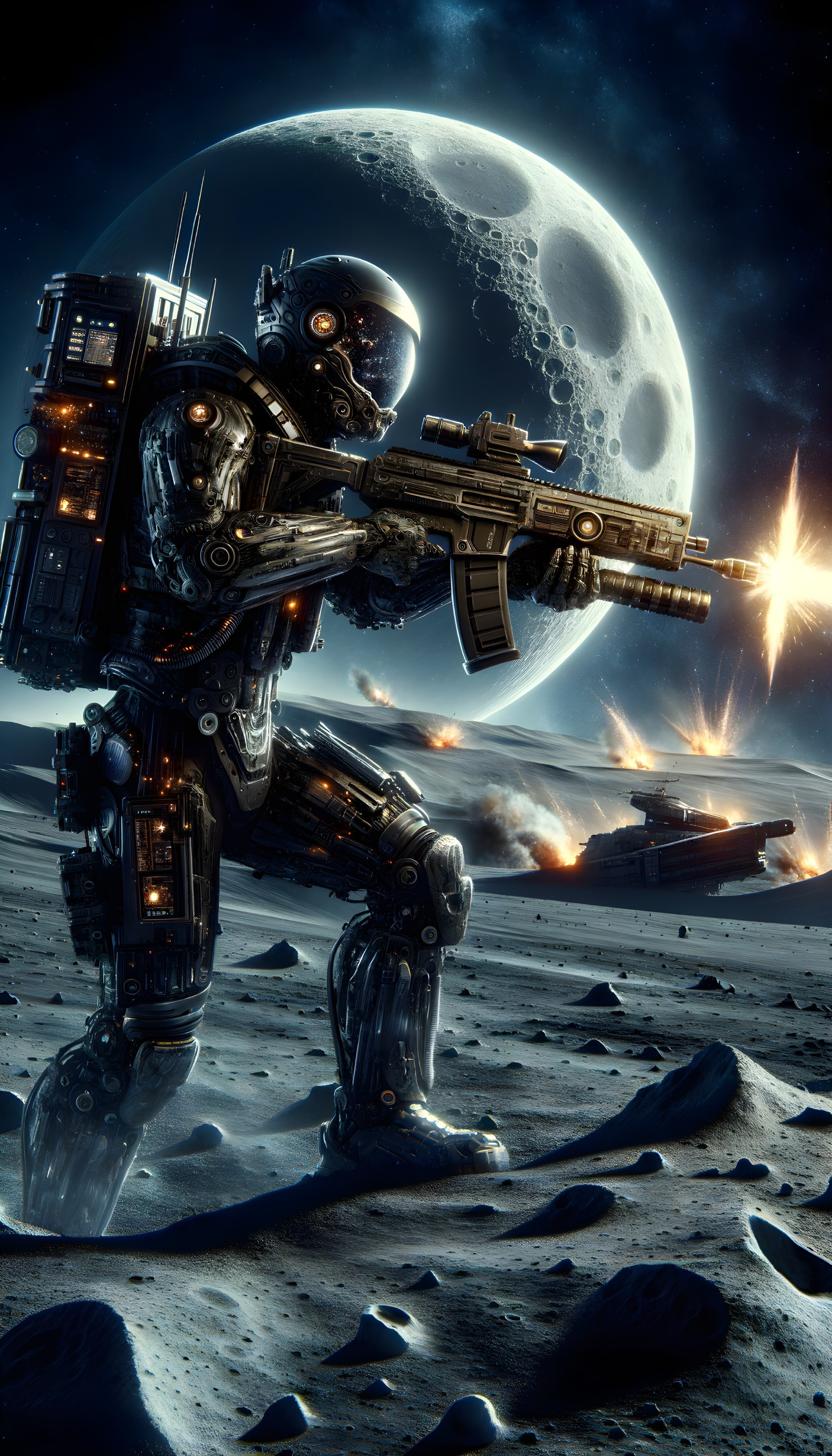 Futuristic robot soldier with large gun on moon-like surface, spaceship battle, and large planet in