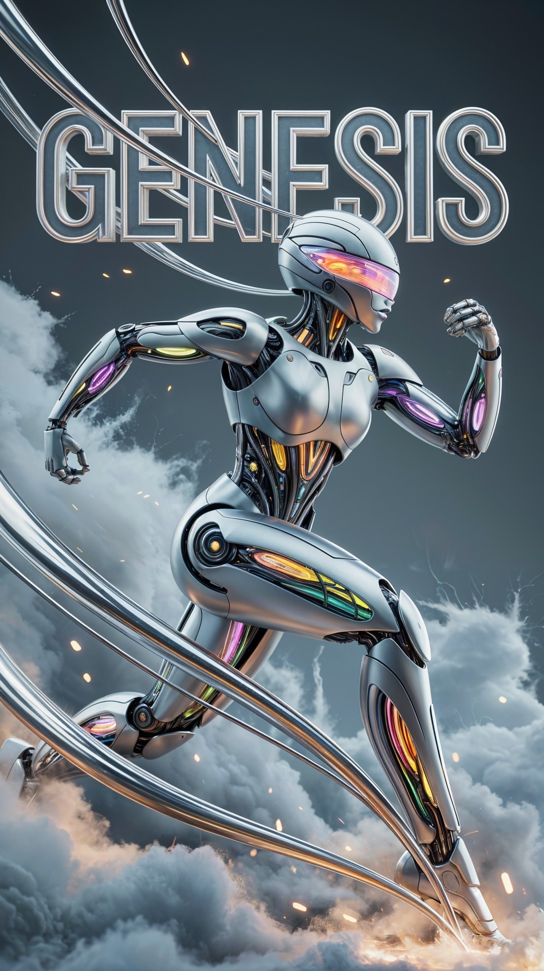 Futuristic Robot in Motion with Bold "GENESIS" Text
