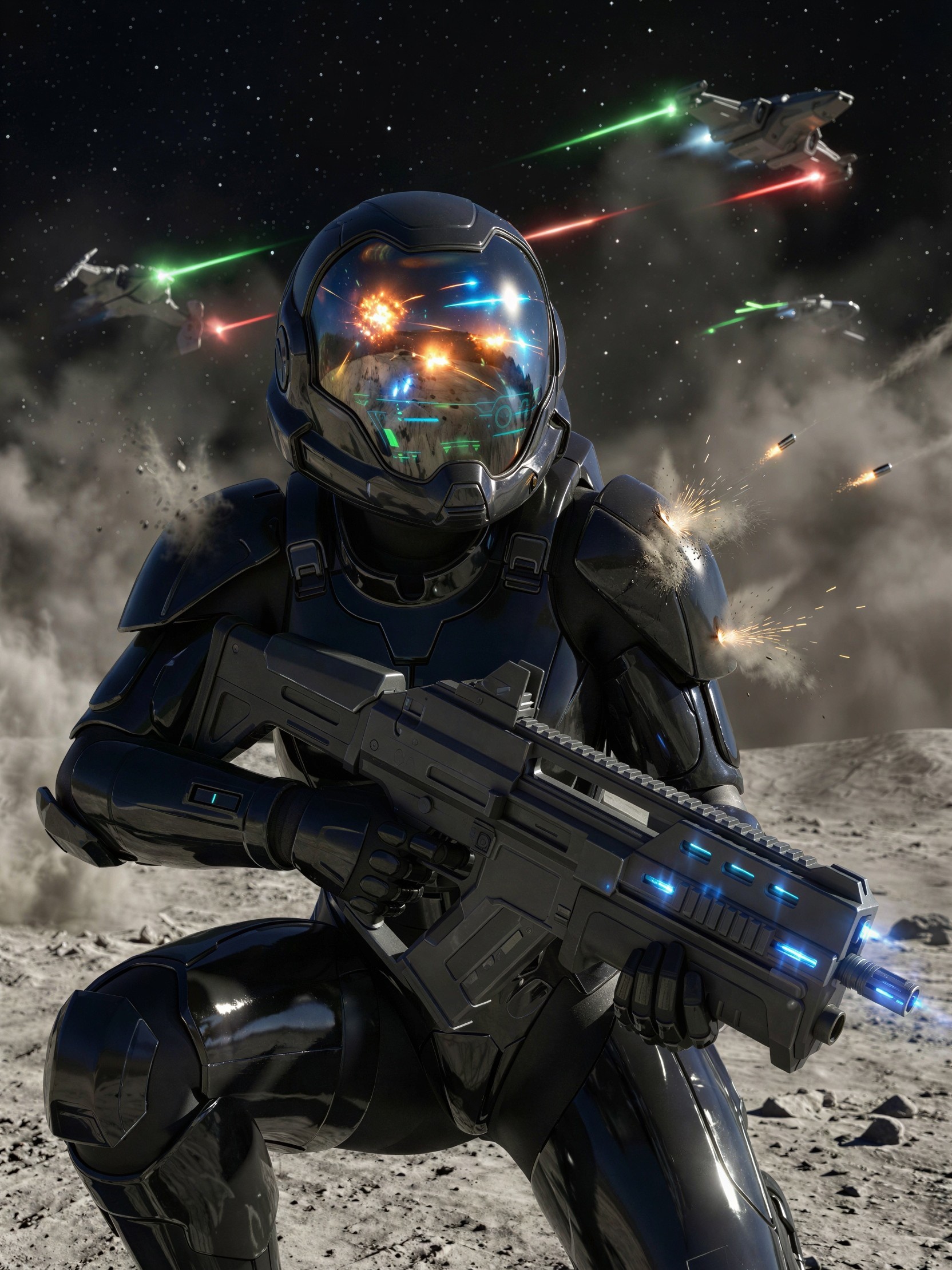 Astronaut in Black Suit on Rocky Lunar Surface with Explosions