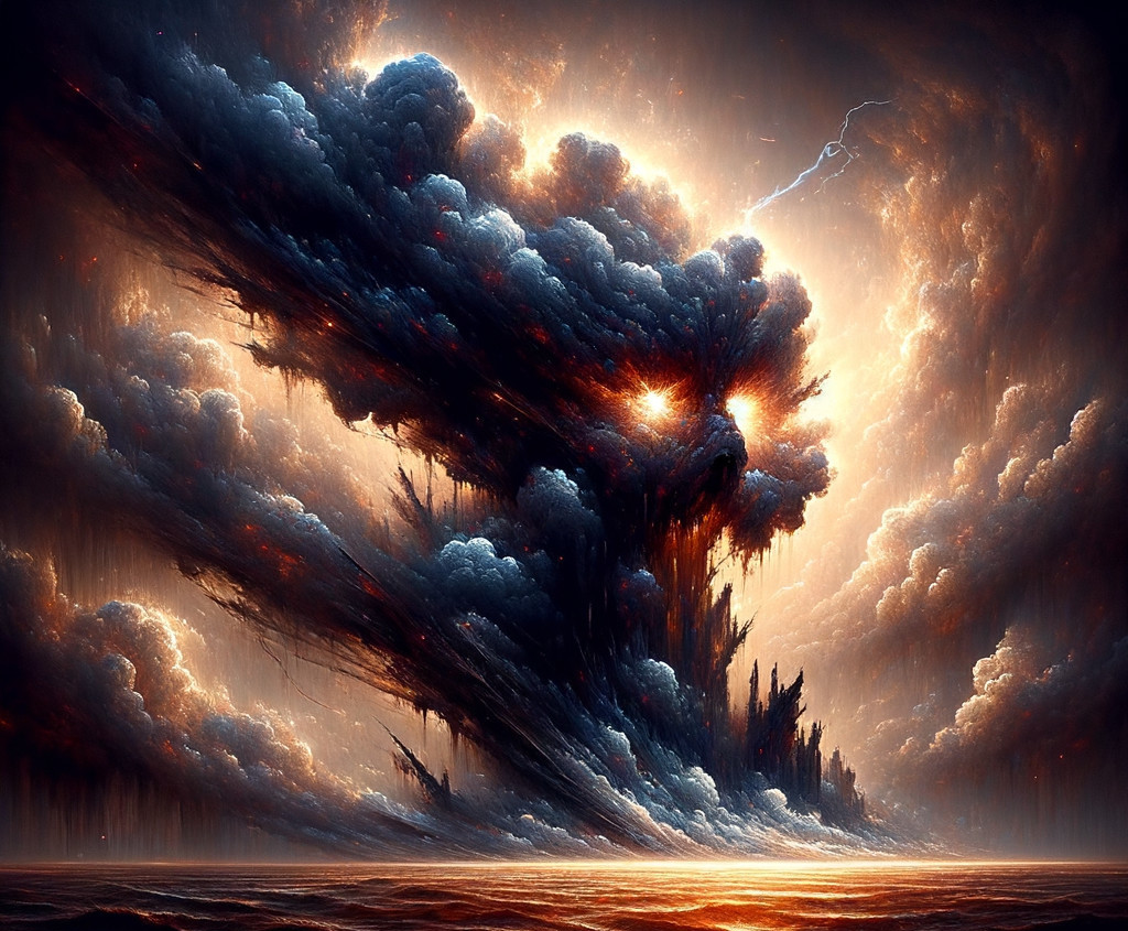 Dramatic stormscape with lightning, dark clouds, and sunlight over water