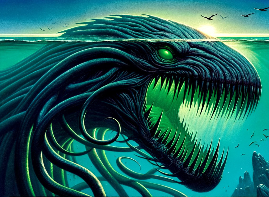 Mythical Sea Creature with Elongated Neck and Green Eyes