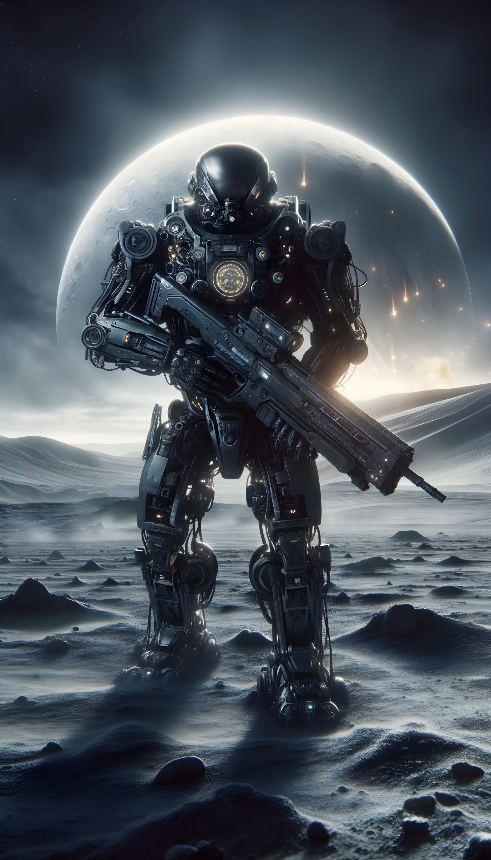 Futuristic Robot on Desolate Lunar Landscape with Weapon