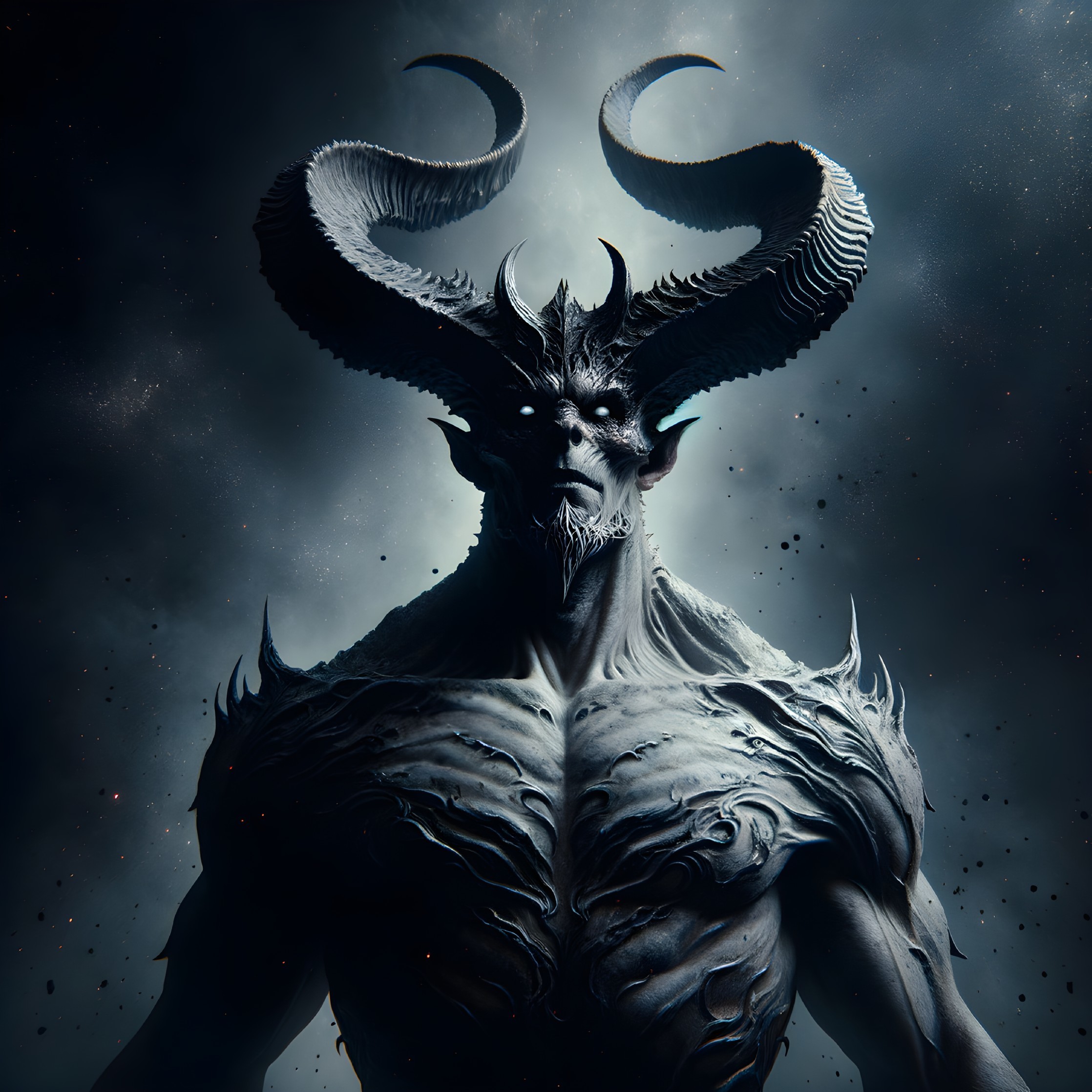 Dark Figure with Spiraling Horns and Muscular Build