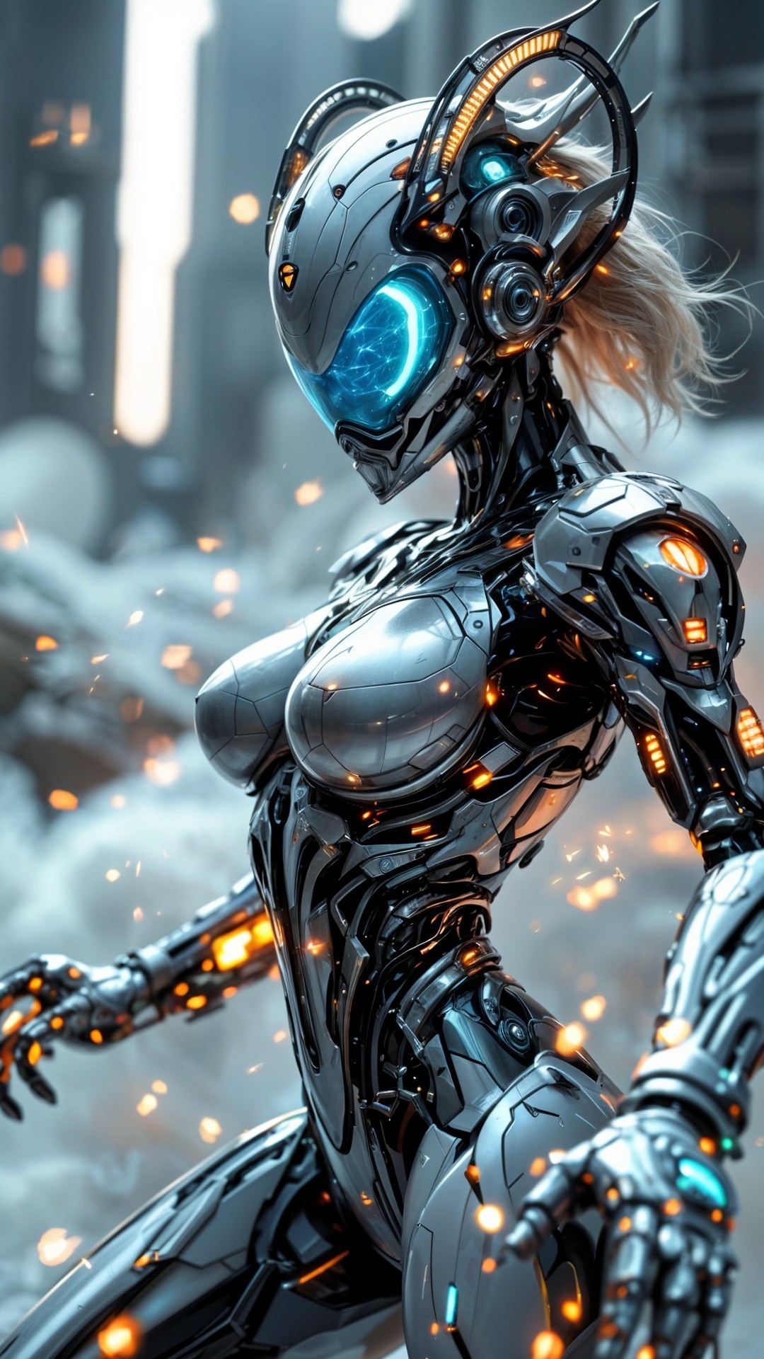Futuristic Female Robot with Metallic Armor and Blue Accents