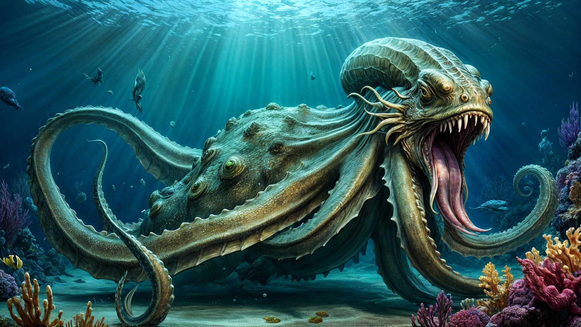 Mythical Octopus in Vibrant Underwater World