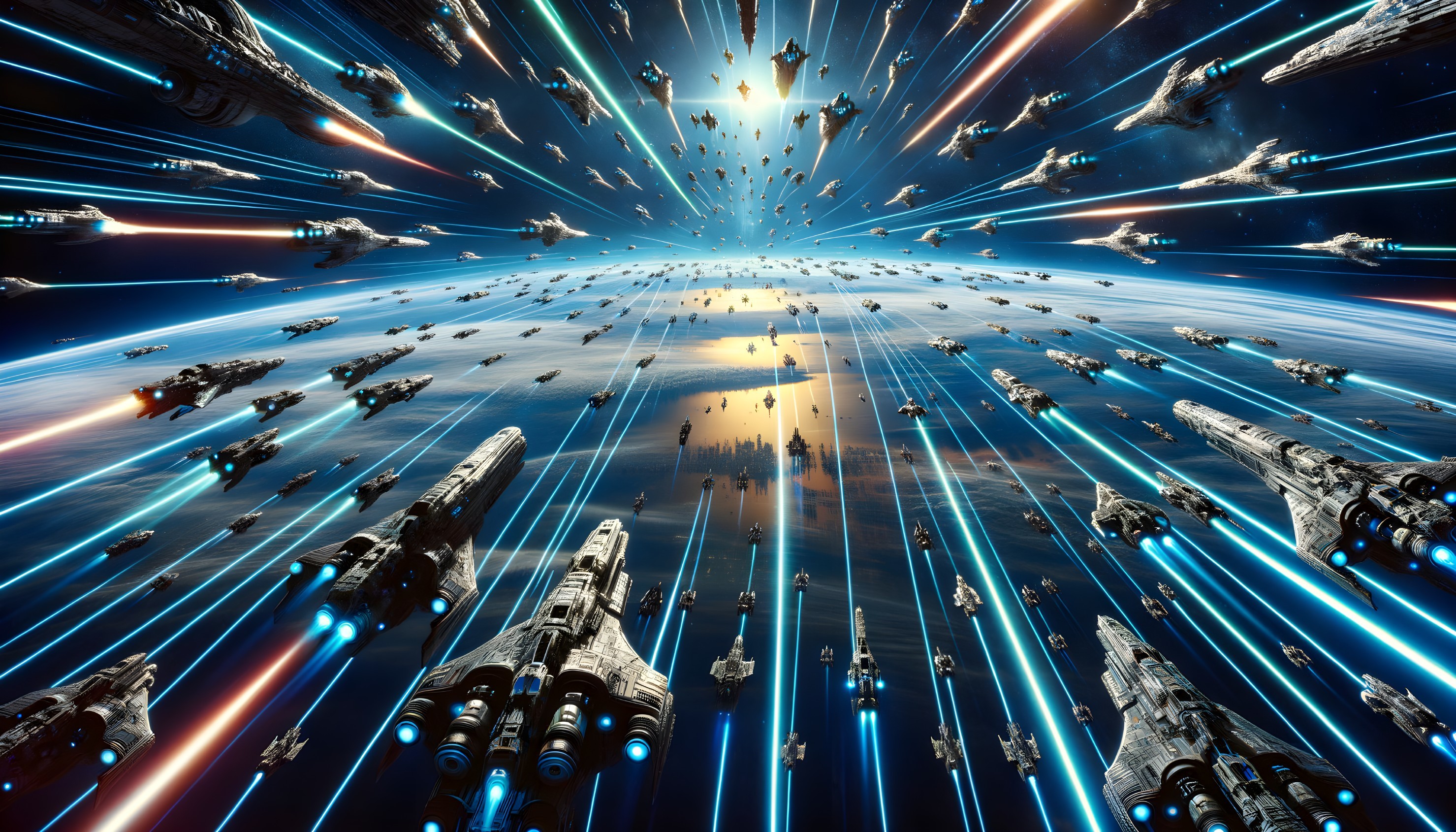 Fleet of Spaceships Traveling at High Speed in Space