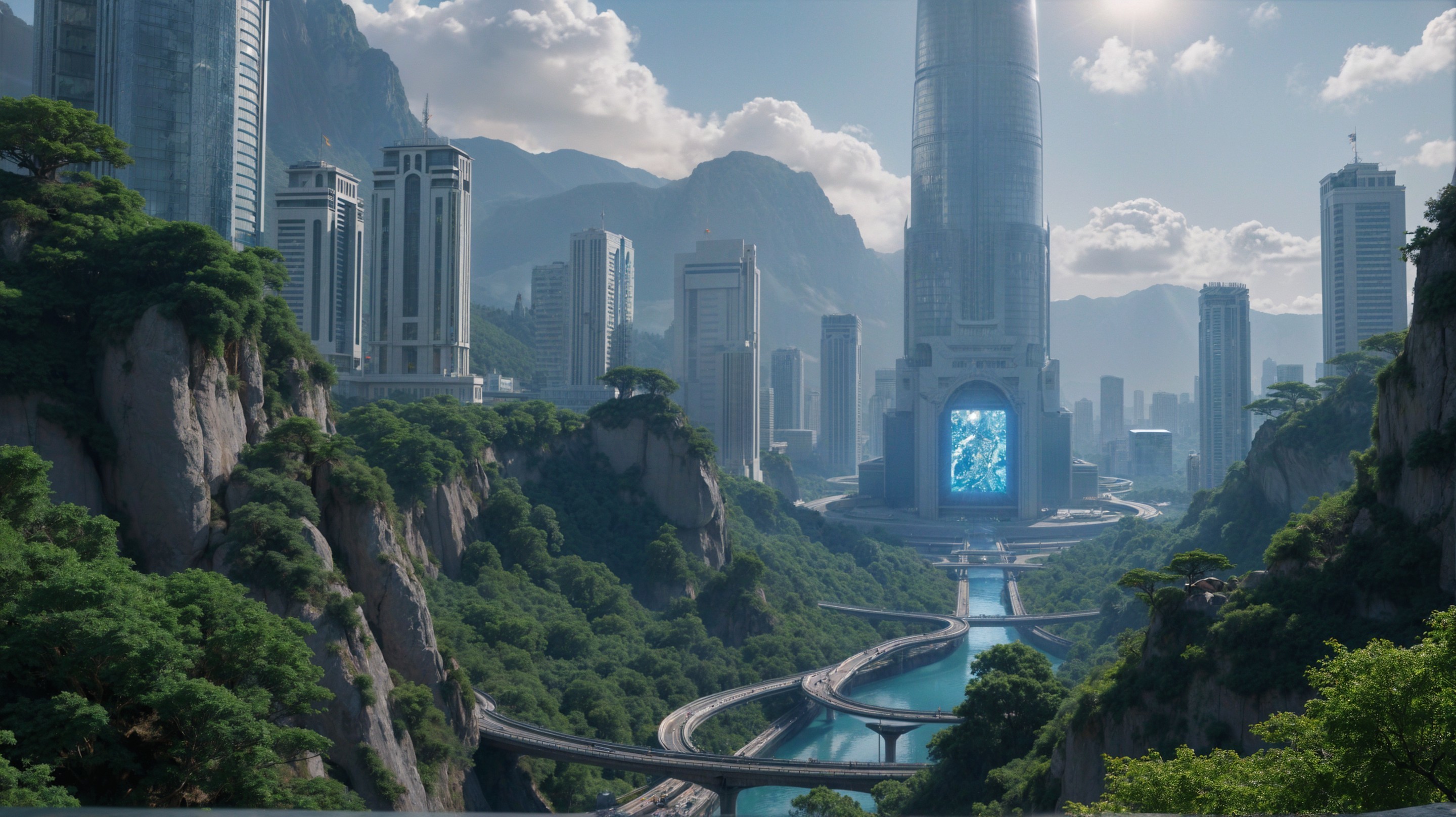 Futuristic cityscape with skyscrapers and mountains
