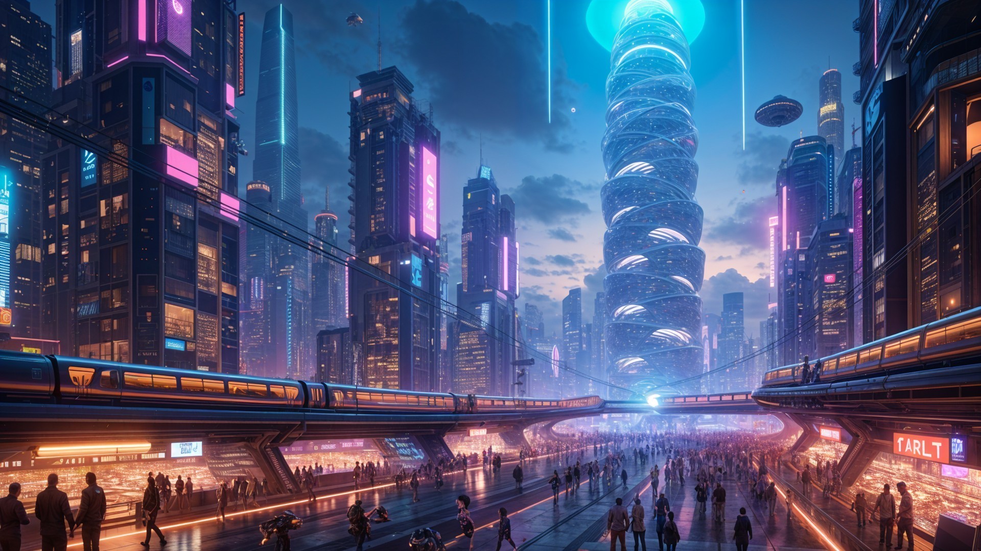 Futuristic cityscape with neon lights and skyscrapers