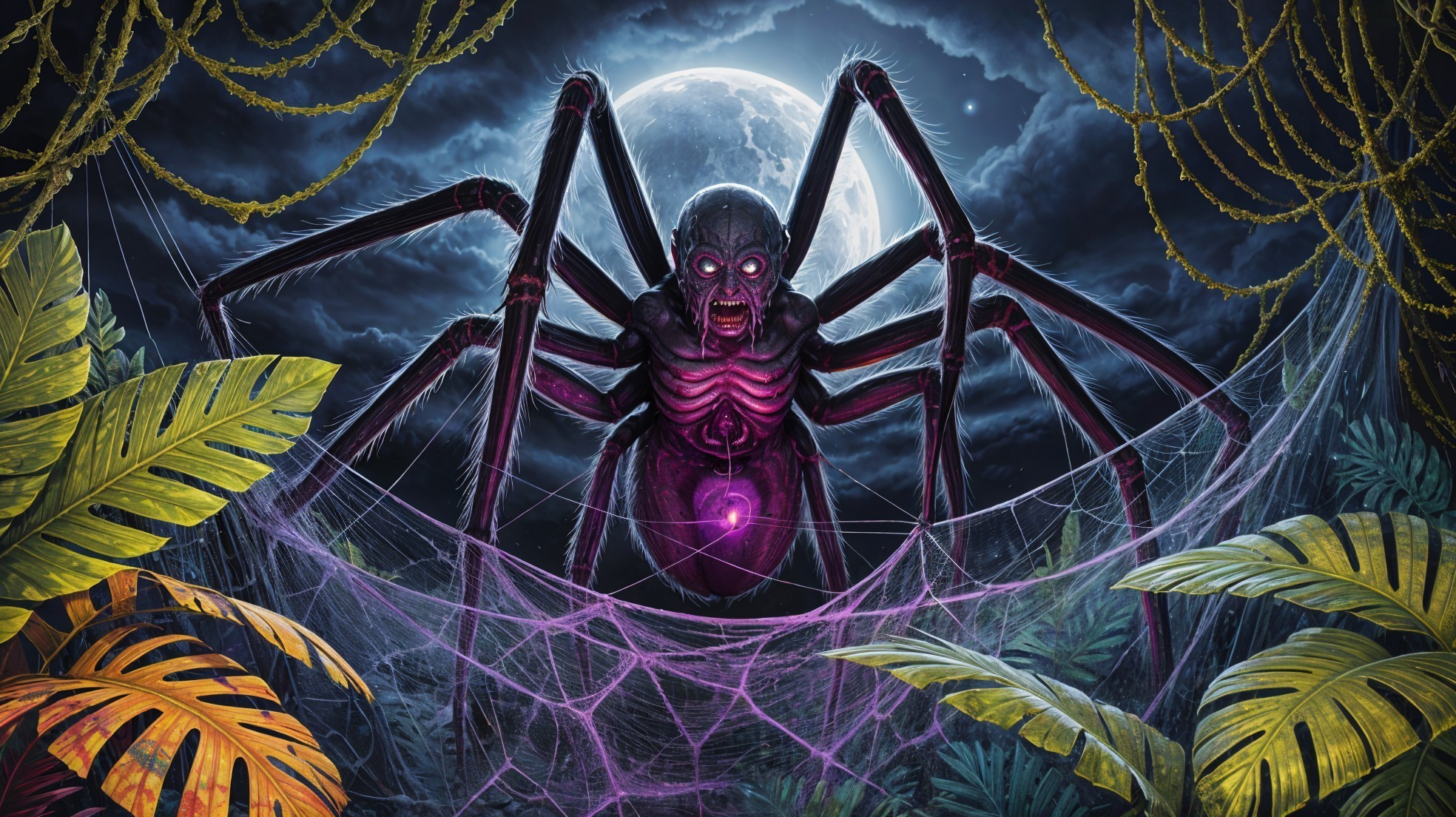 Colossal Spider in Dark Landscape with Purple Eyes