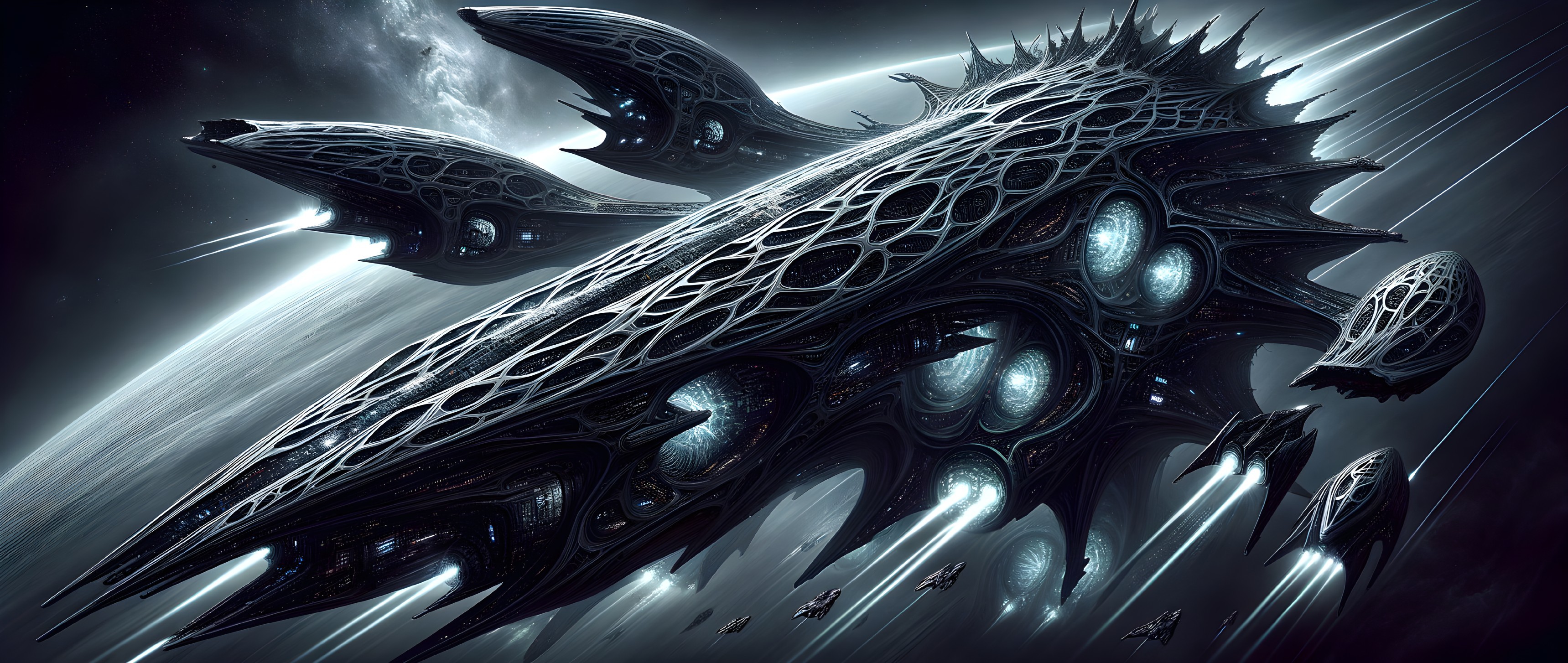 Biomechanical spaceships with glowing windows speed through space