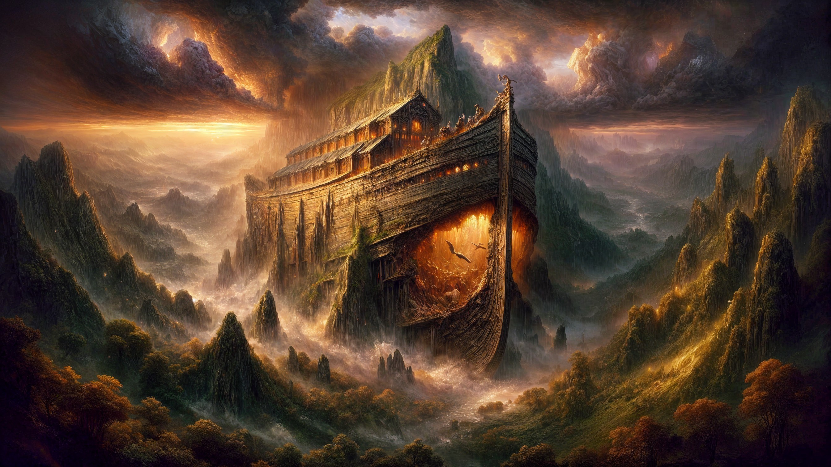 Ancient Ship Surrounded by Mountains and Mystical Atmosphere