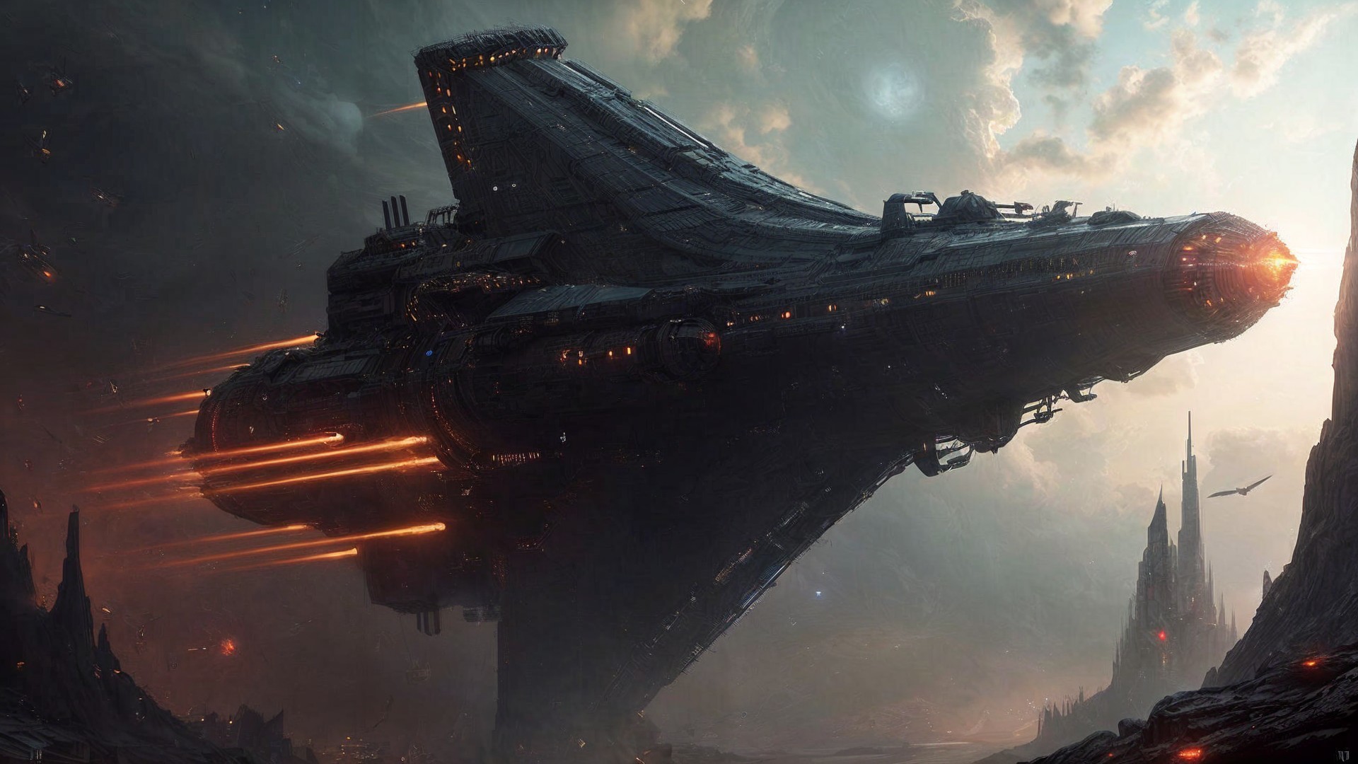 Futuristic spaceship in dramatic alien landscape scene