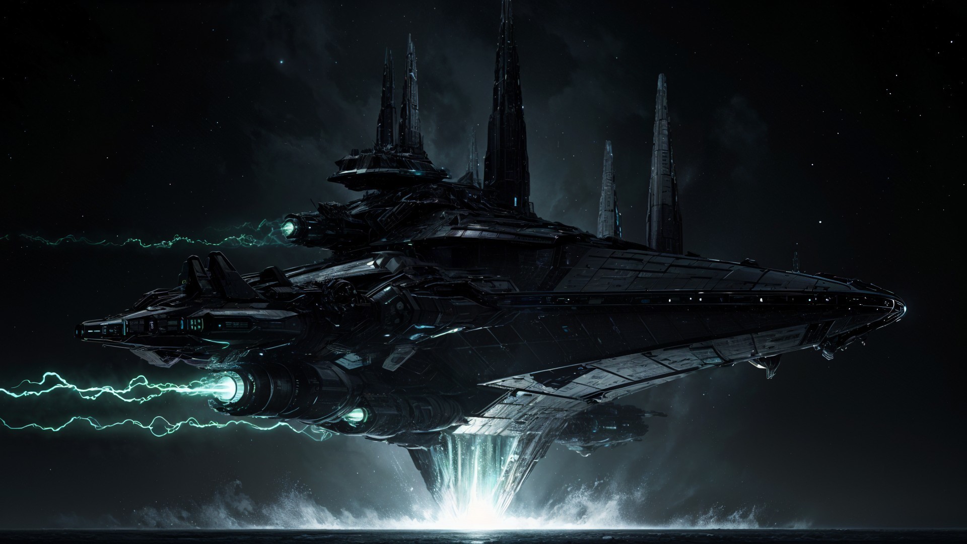 Futuristic spaceship in dark starry space environment