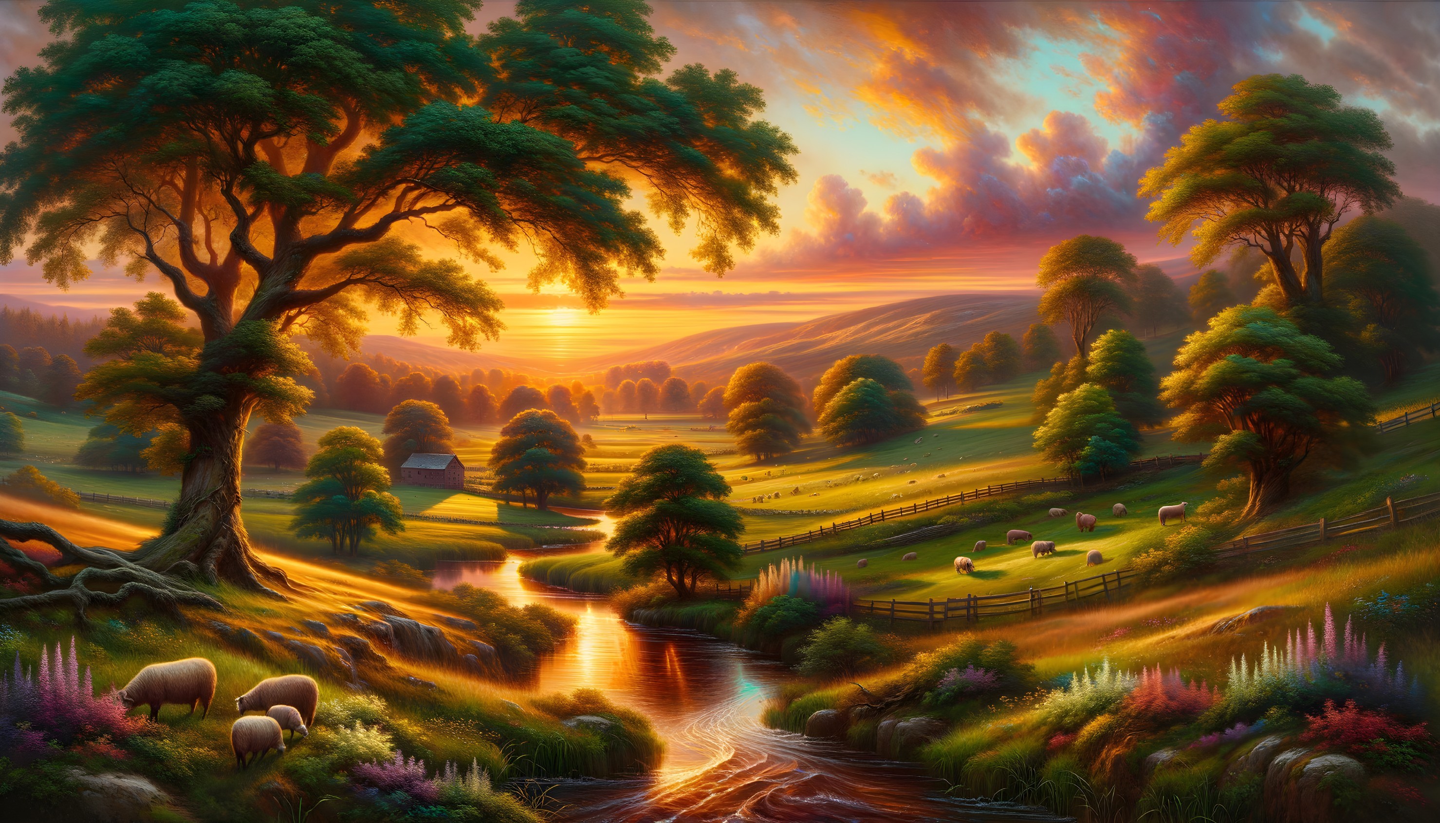 Serene Landscape with Sunset, River, and Farmhouse