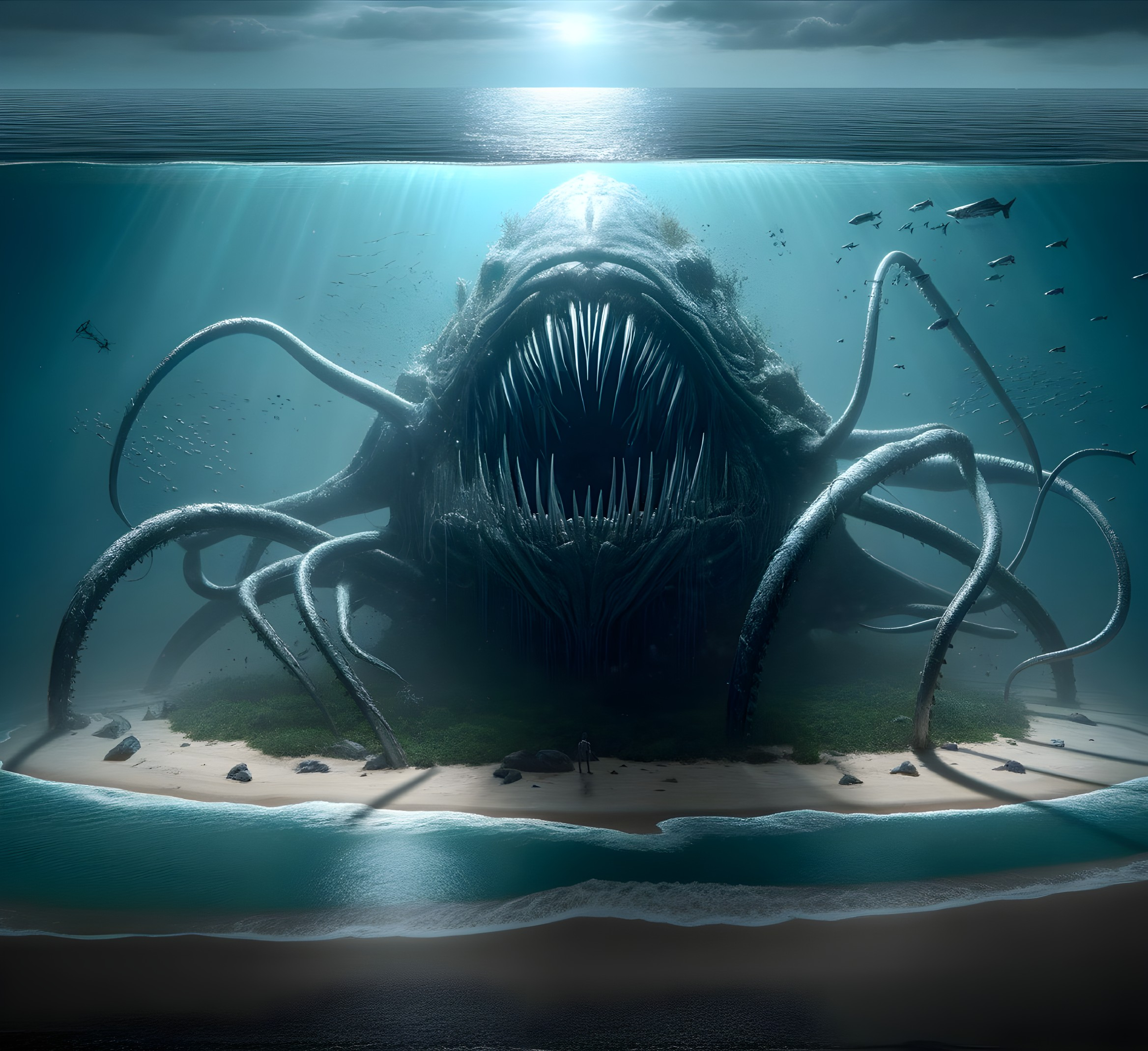 Colossal Sea Creature with Tentacles and Sharp Teeth