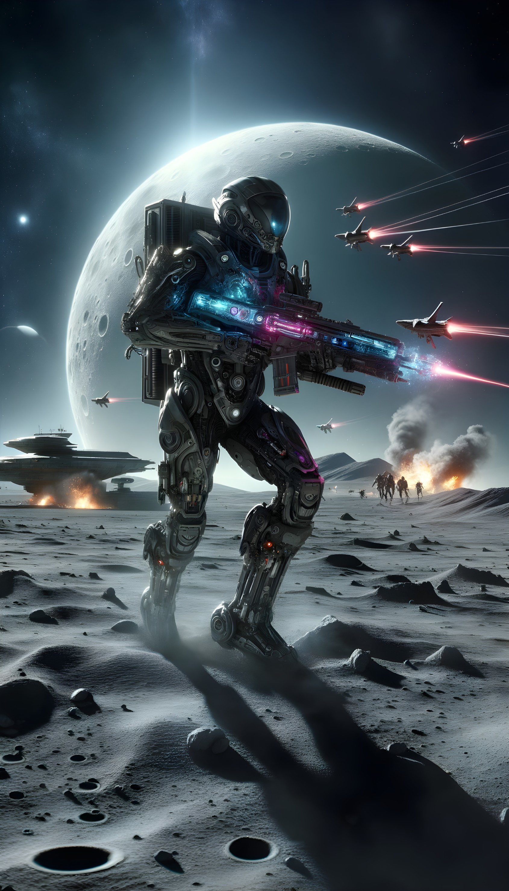 Futuristic soldier in powered armor with glowing weapon on moon-like surface