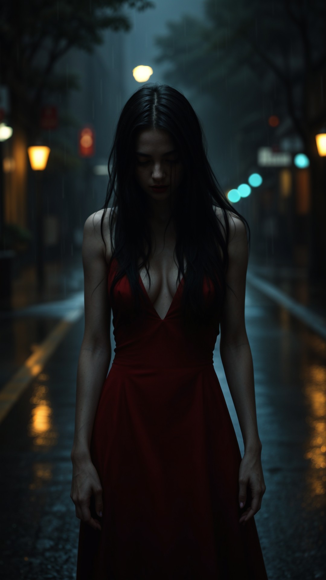 Woman in red dress on a rainy night street