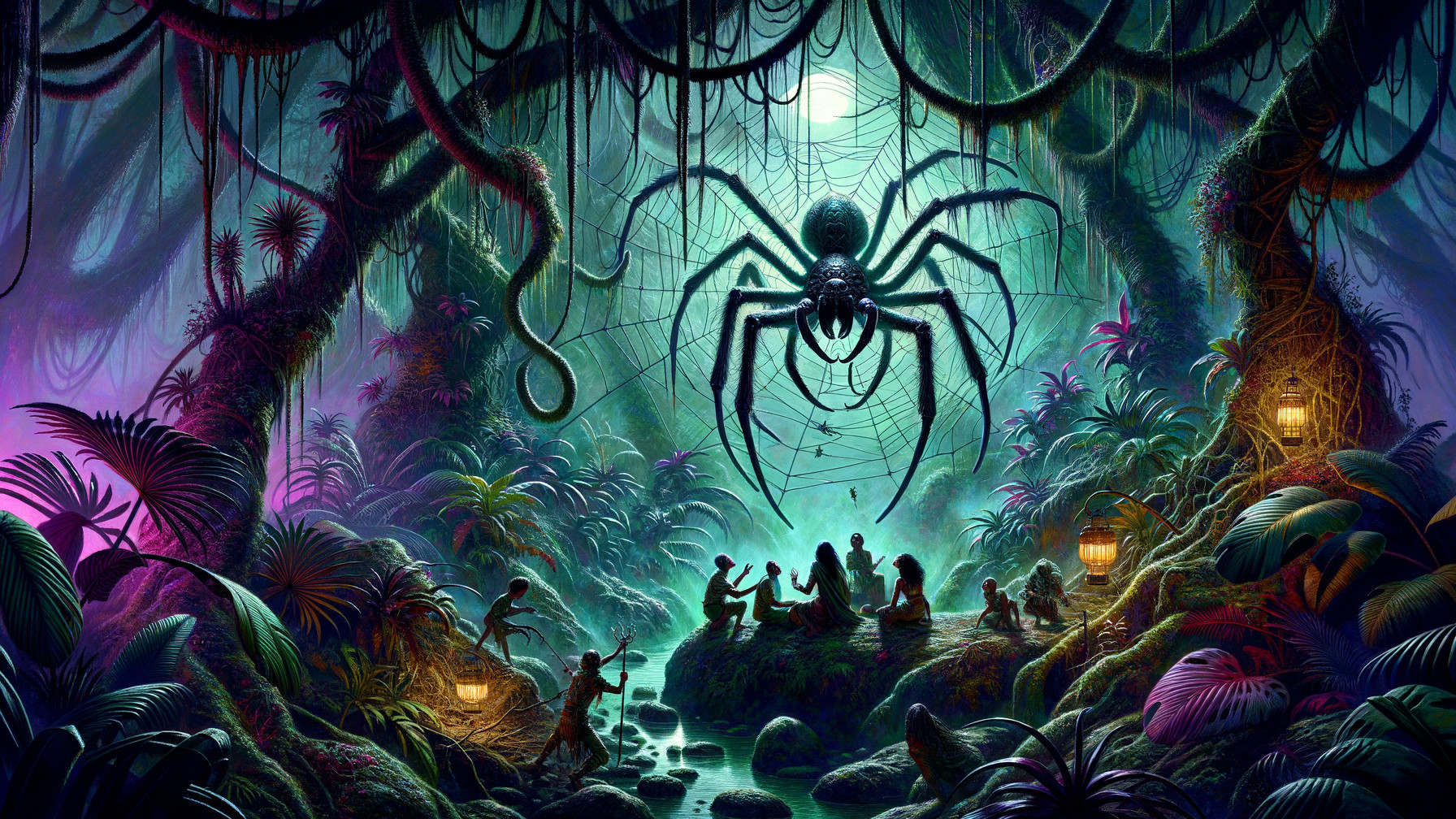 Jungle Scene with Giant Spider and Mystical Fire
