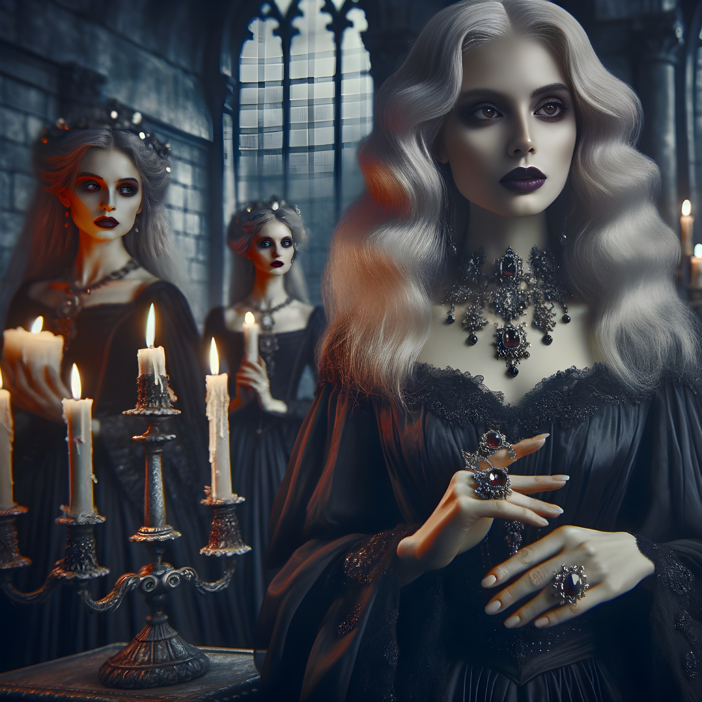 Three Gothic Women in Dim Candle-Lit Room
