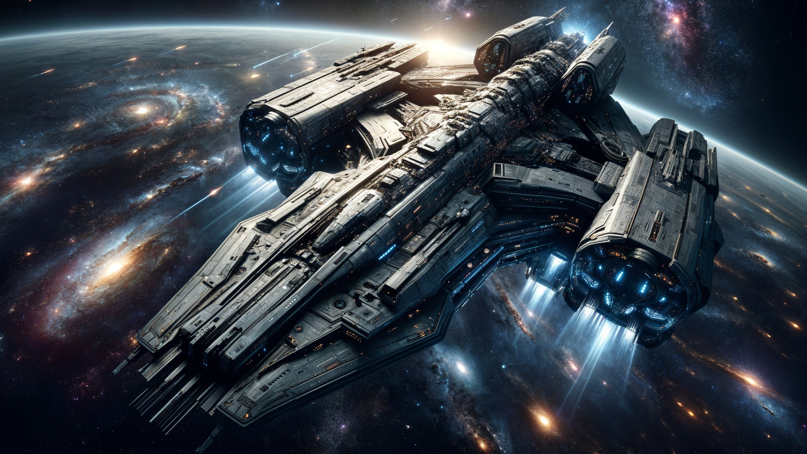 Futuristic spaceship in space with vibrant galaxies