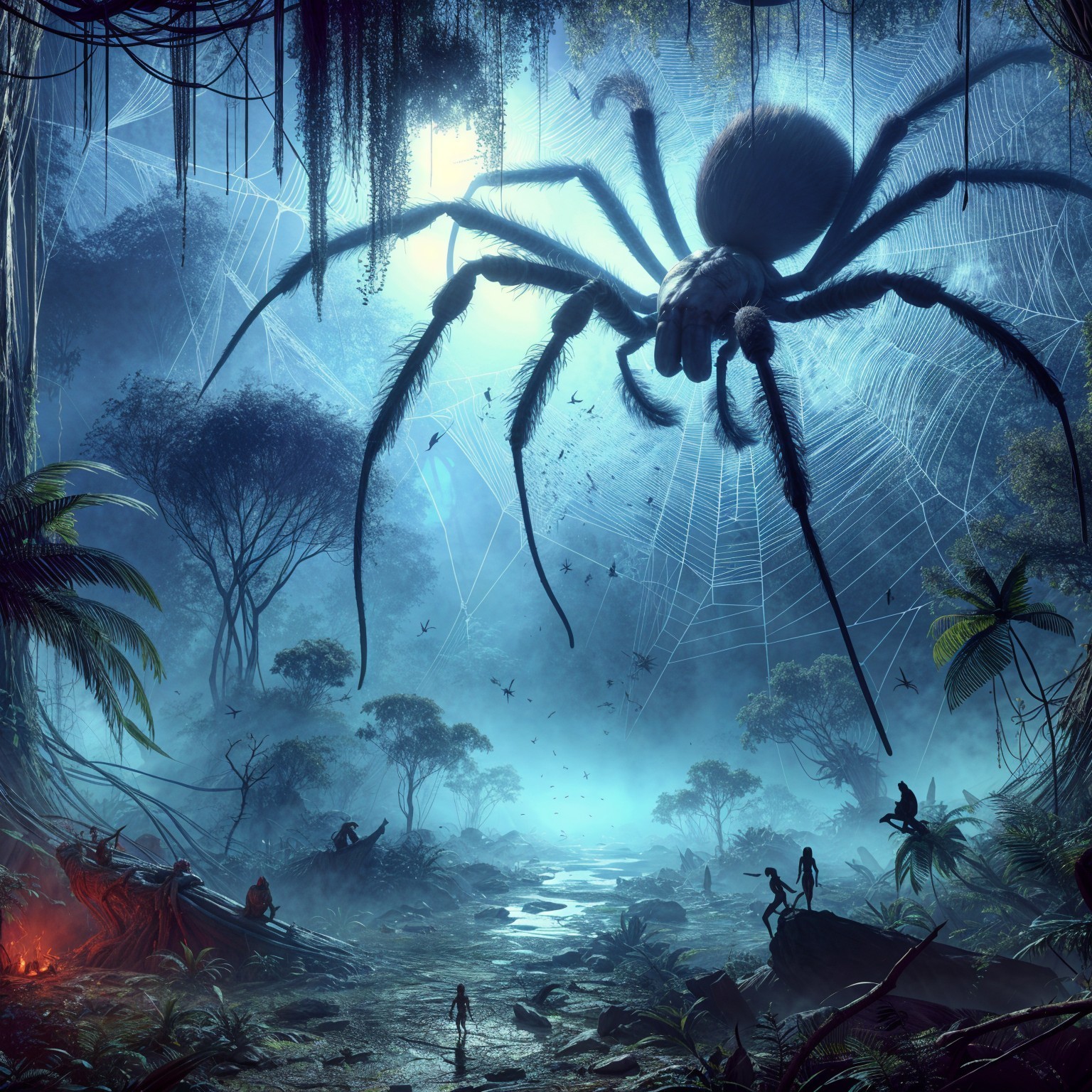 Mysterious Jungle Scene with Large Spider and Web