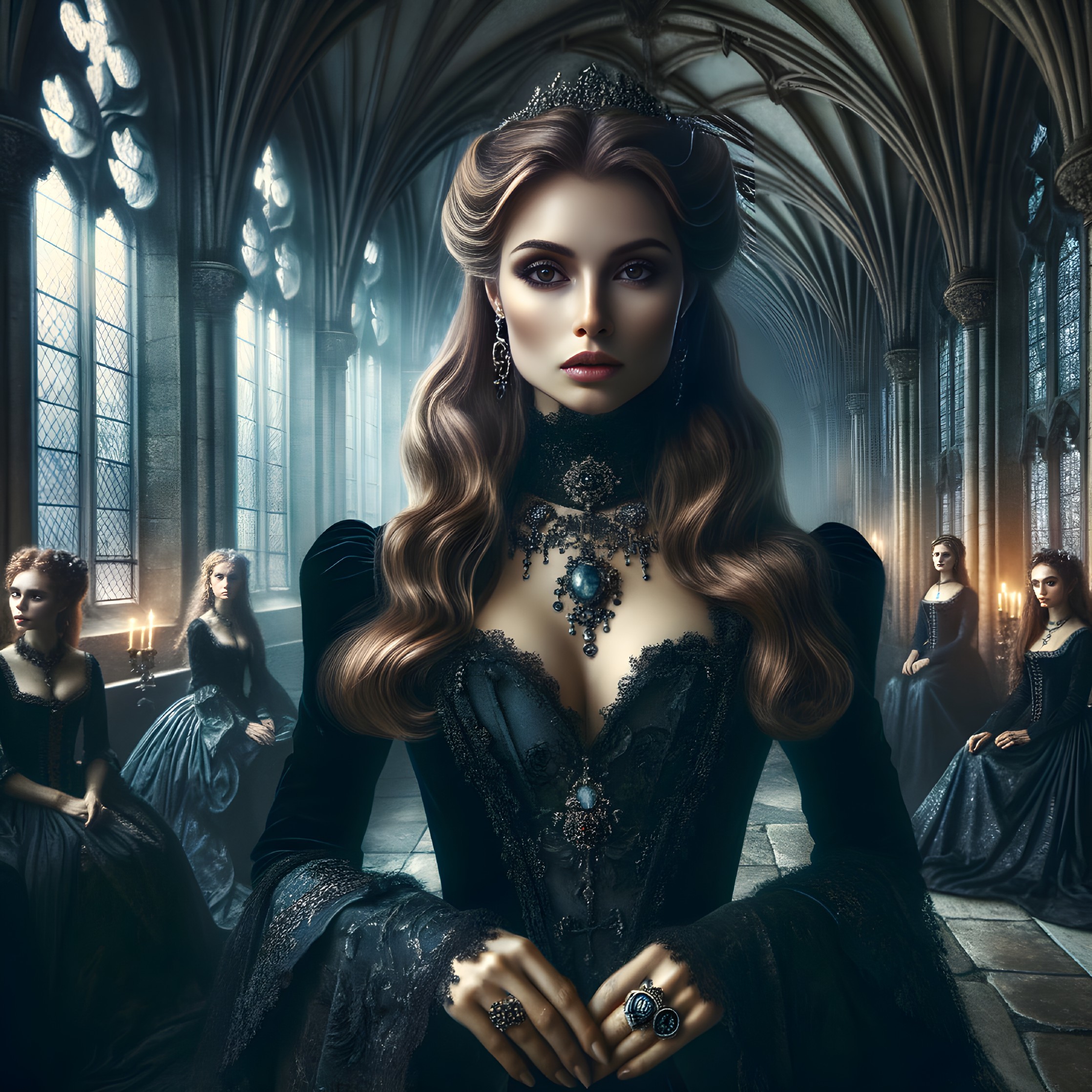 Woman in Black Dress Inside Gothic Cathedral