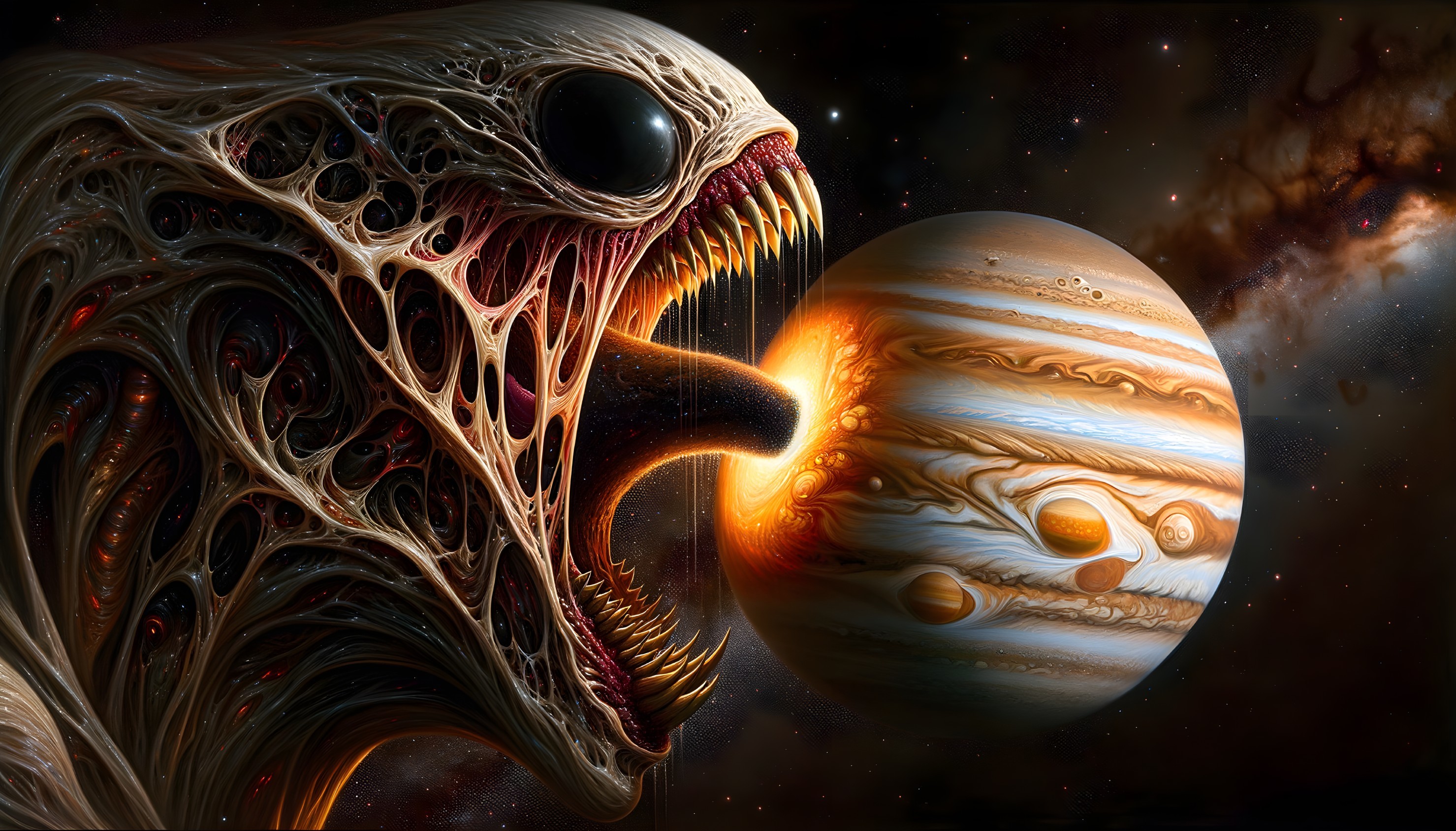 Monstrous Creature with Sharp Teeth Against Cosmic Jupiter Background