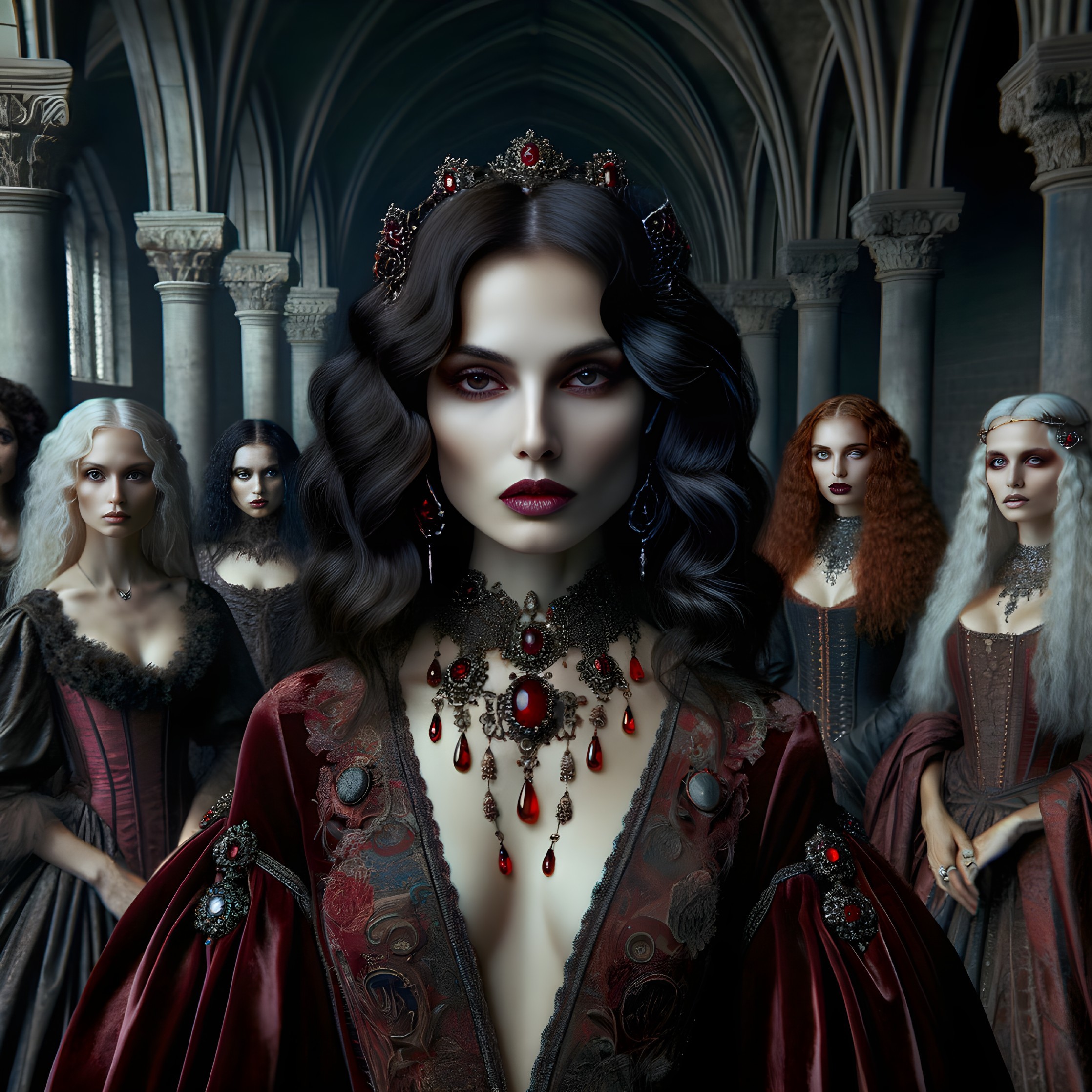 Woman in Regal Red Gown in Gothic Setting