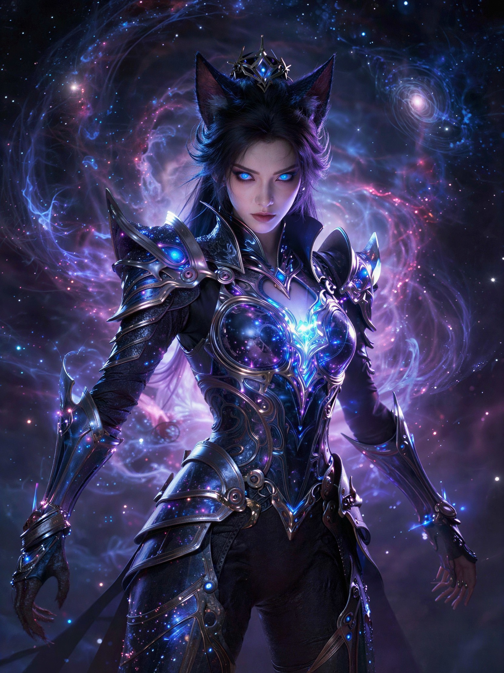 Female Character in Glossy Armor Against Galaxy Background