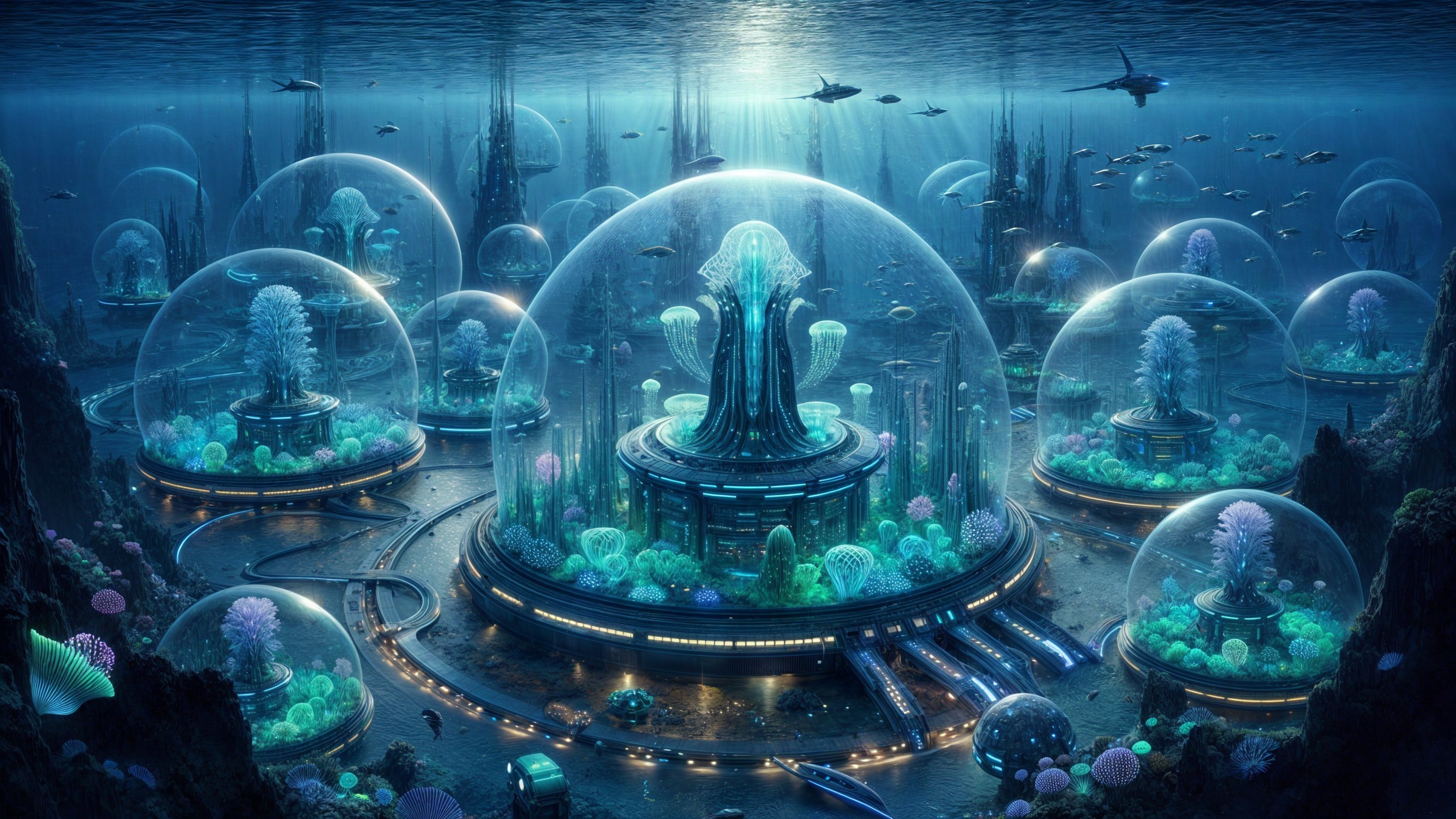 Vibrant Underwater City with Bioluminescent Flora