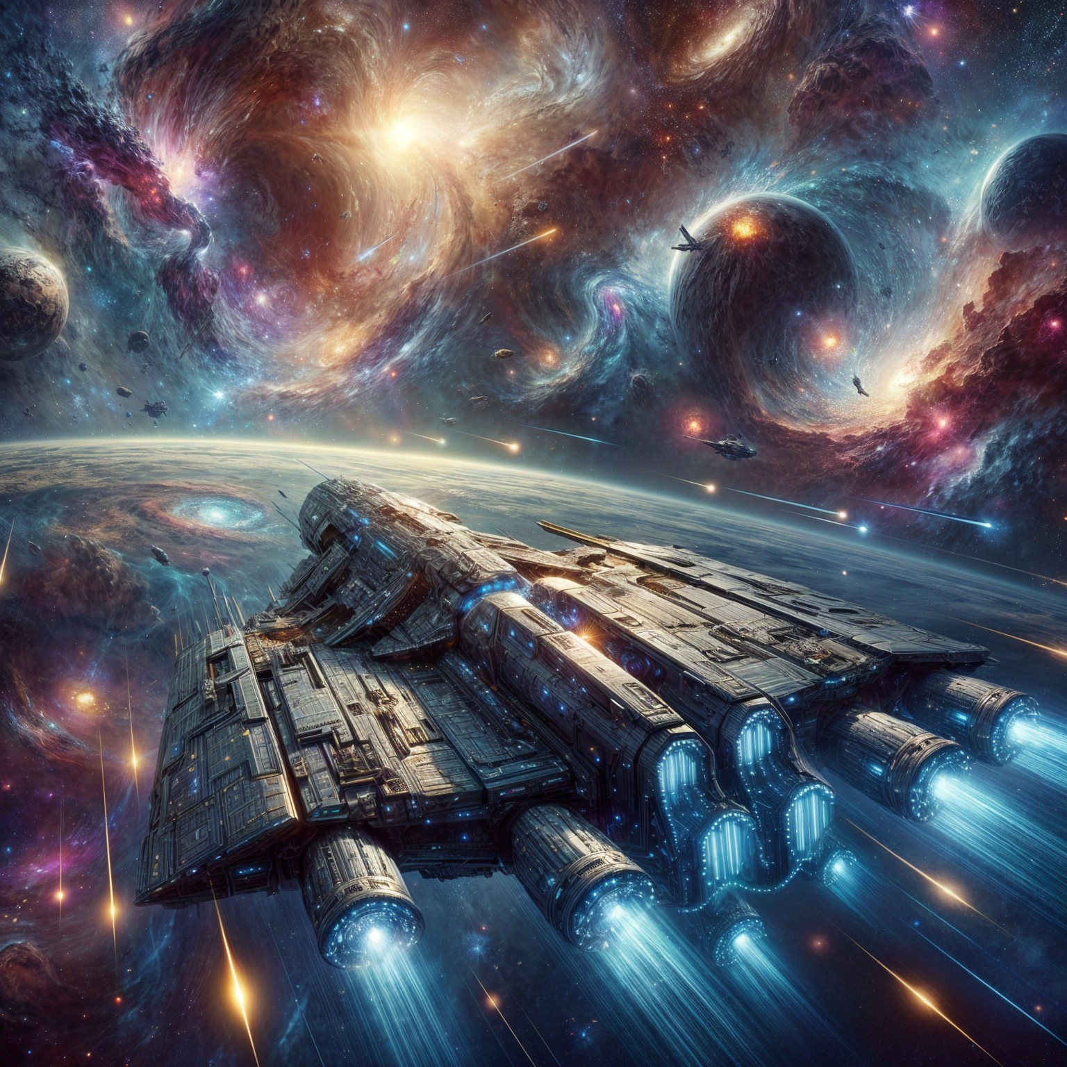 Spaceship in Colorful Cosmic Landscape with Galaxies