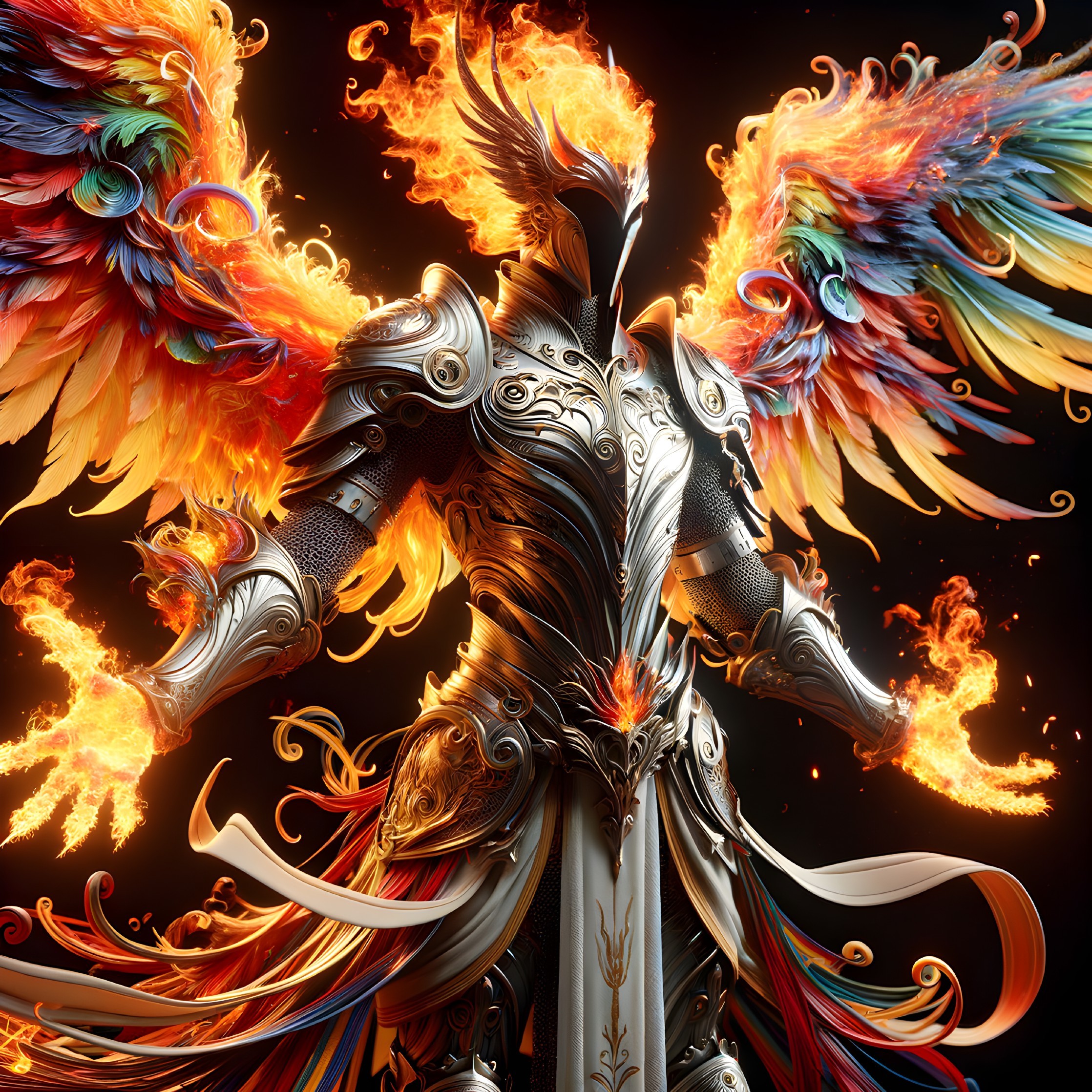 Armored Figure with Colorful Flame Wings and Energy