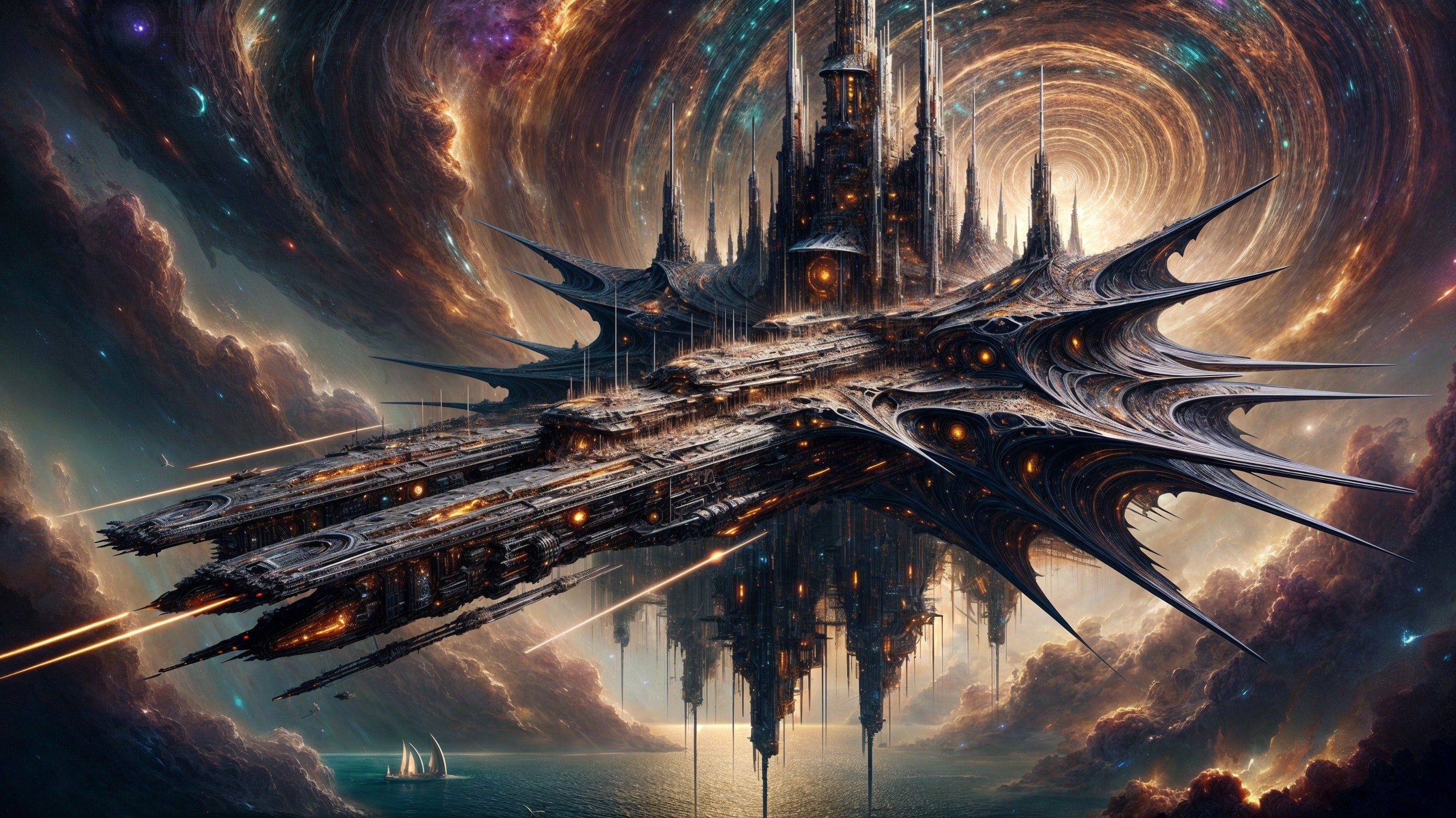 Colossal spaceship near cosmic vortex with sailboat below