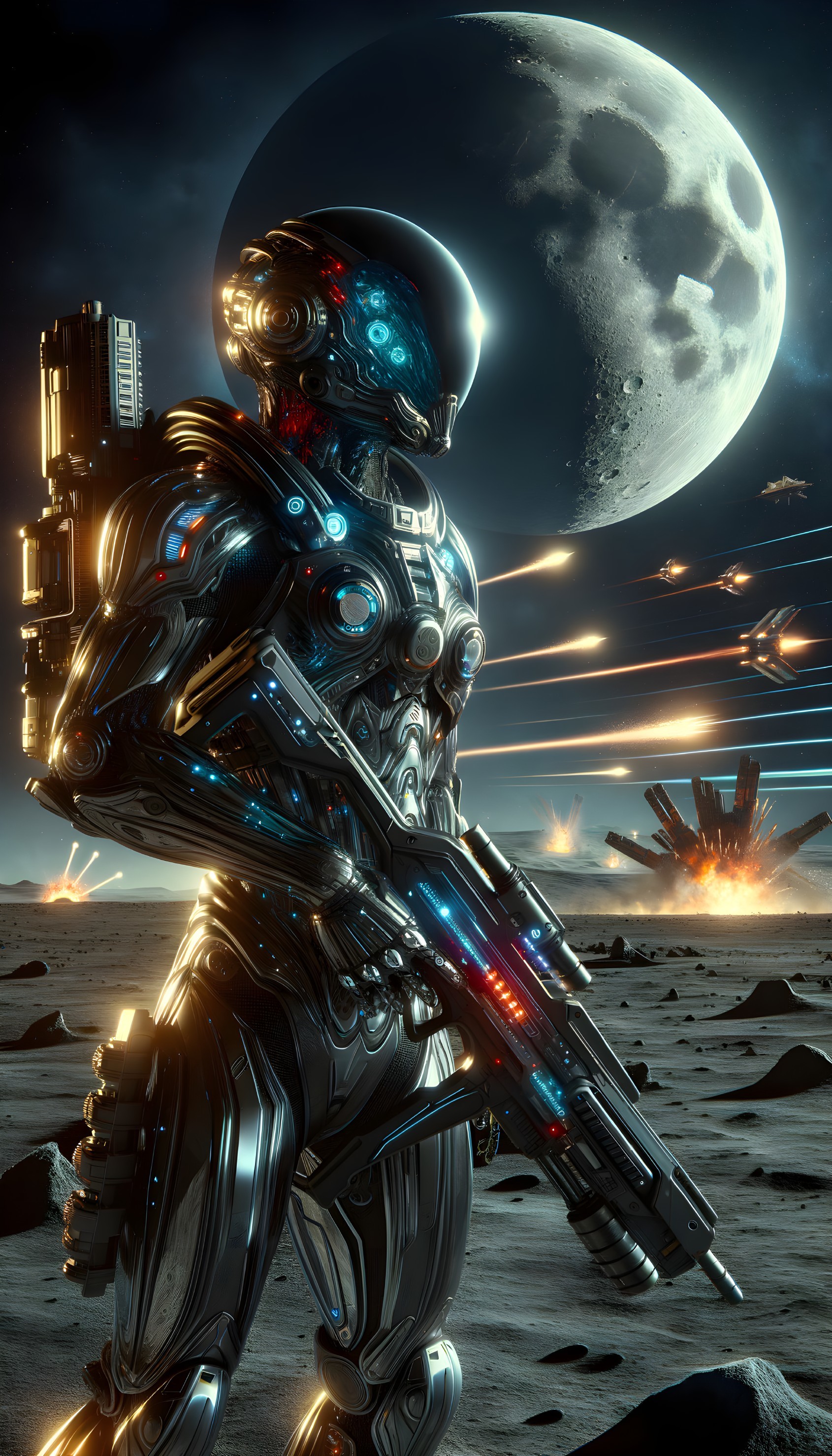Futuristic warrior in metallic armor on lunar landscape