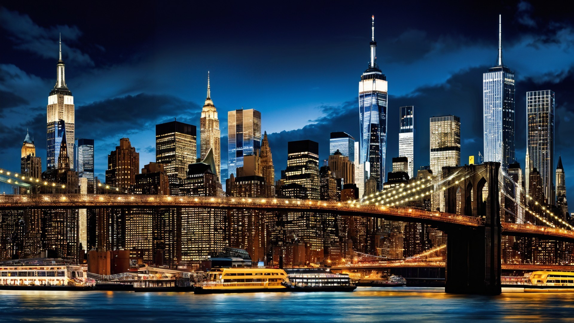 New York City Night Skyline with Iconic Skyscrapers
