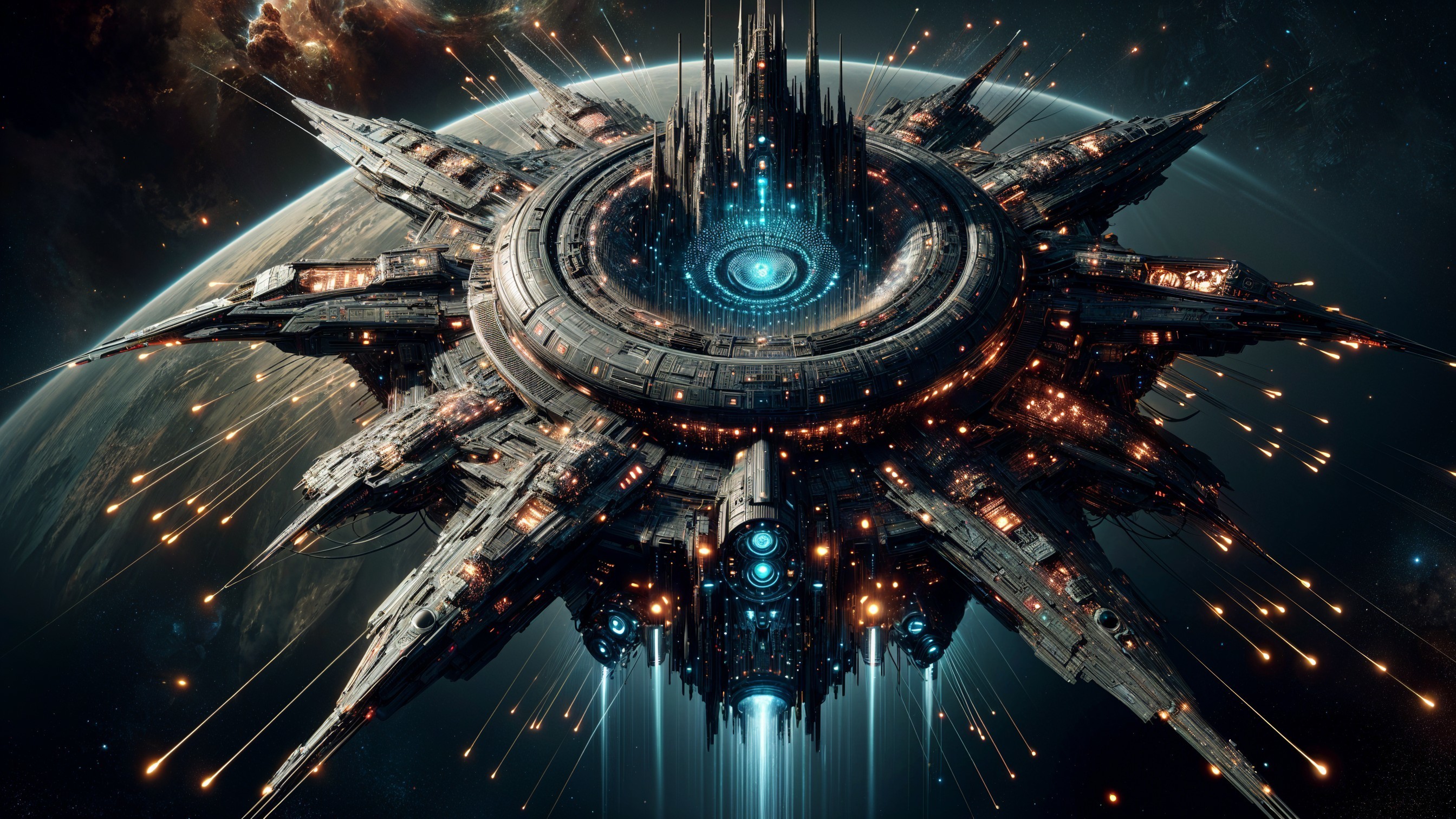 Futuristic Space Station Surrounded by Galaxy and Planet