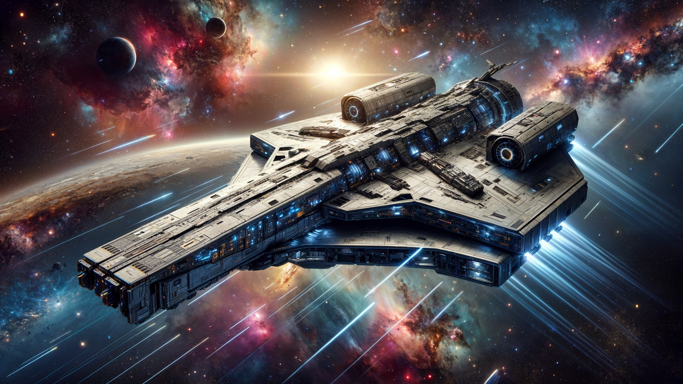 Futuristic spaceship in vibrant cosmic landscape