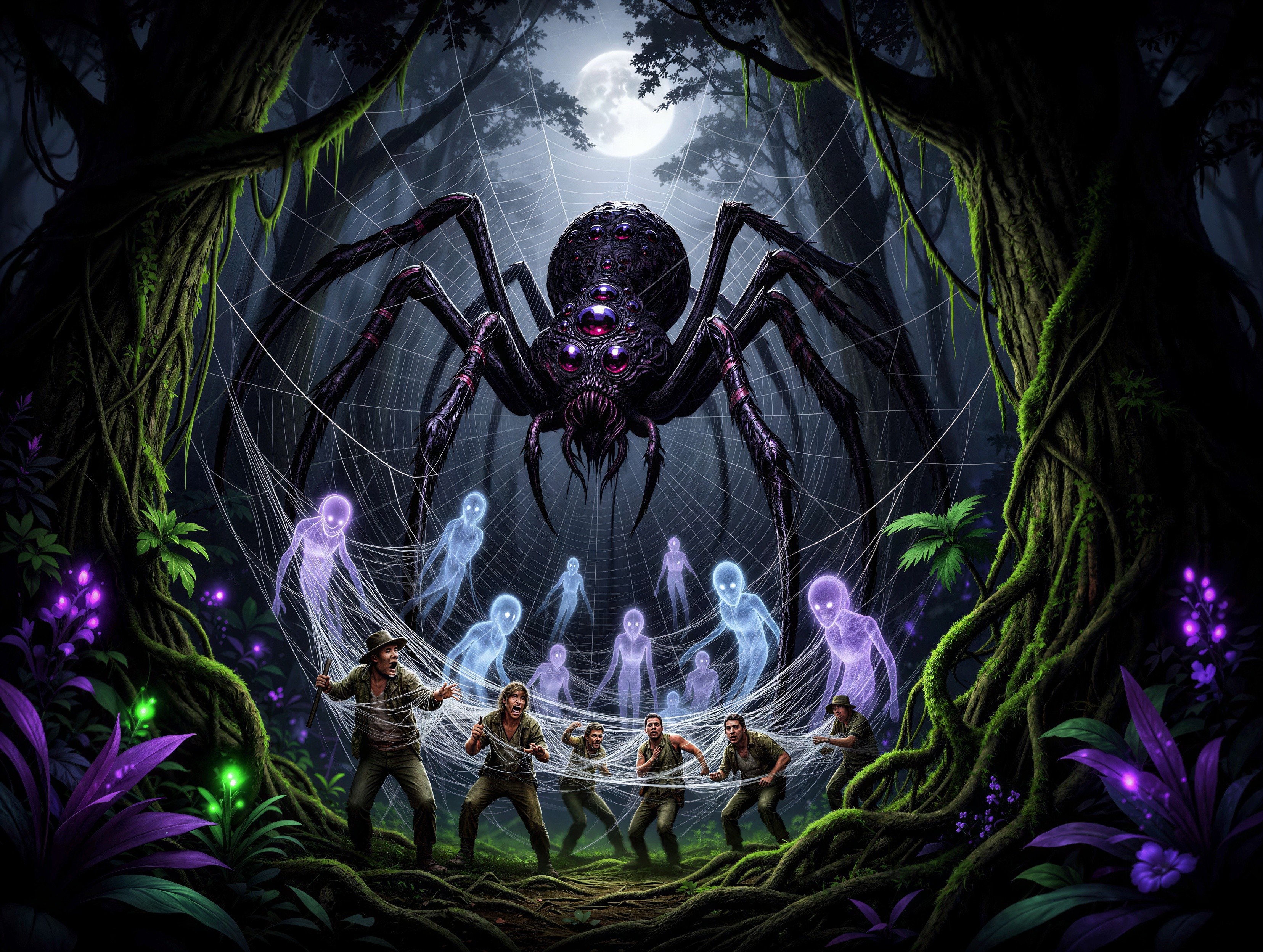 Ominous Jungle Scene with Adventurers in Spider's Web