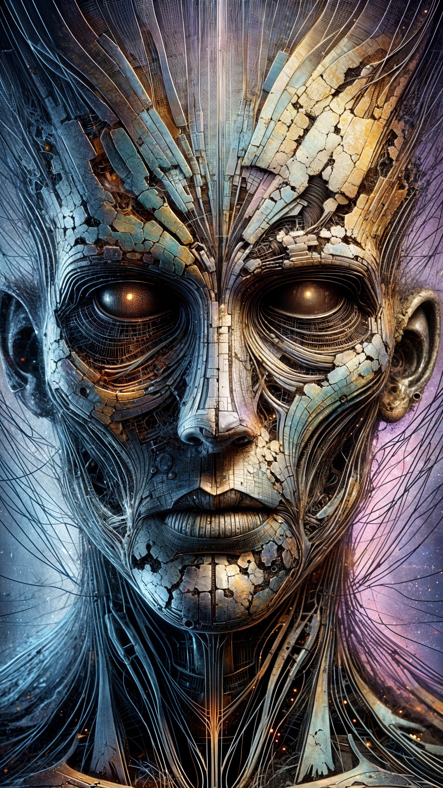 Futuristic humanoid face with metallic textures and circuitry