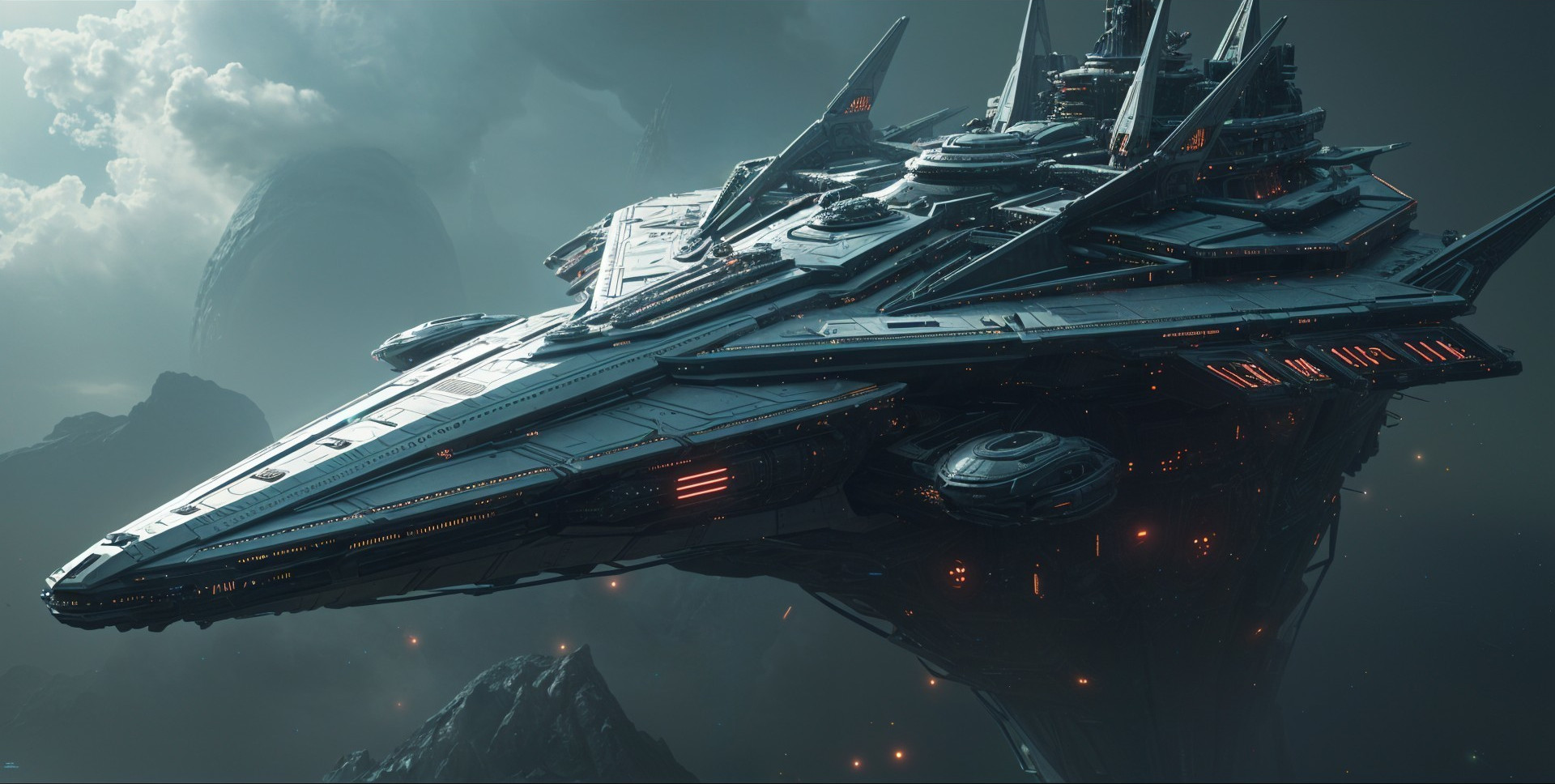 Futuristic spacecraft in a cinematic sky with clouds