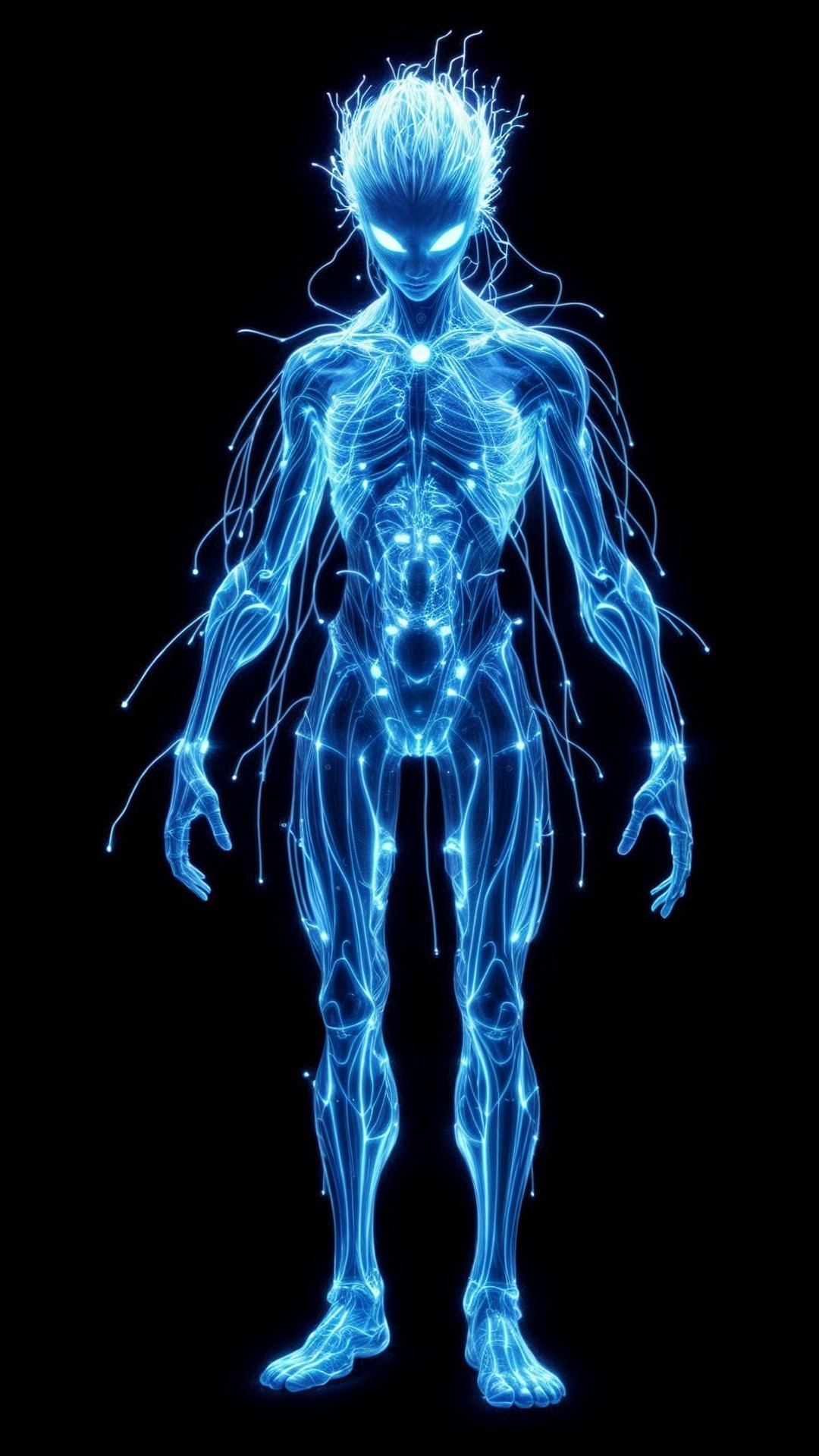 Futuristic humanoid figure with glowing blue lines