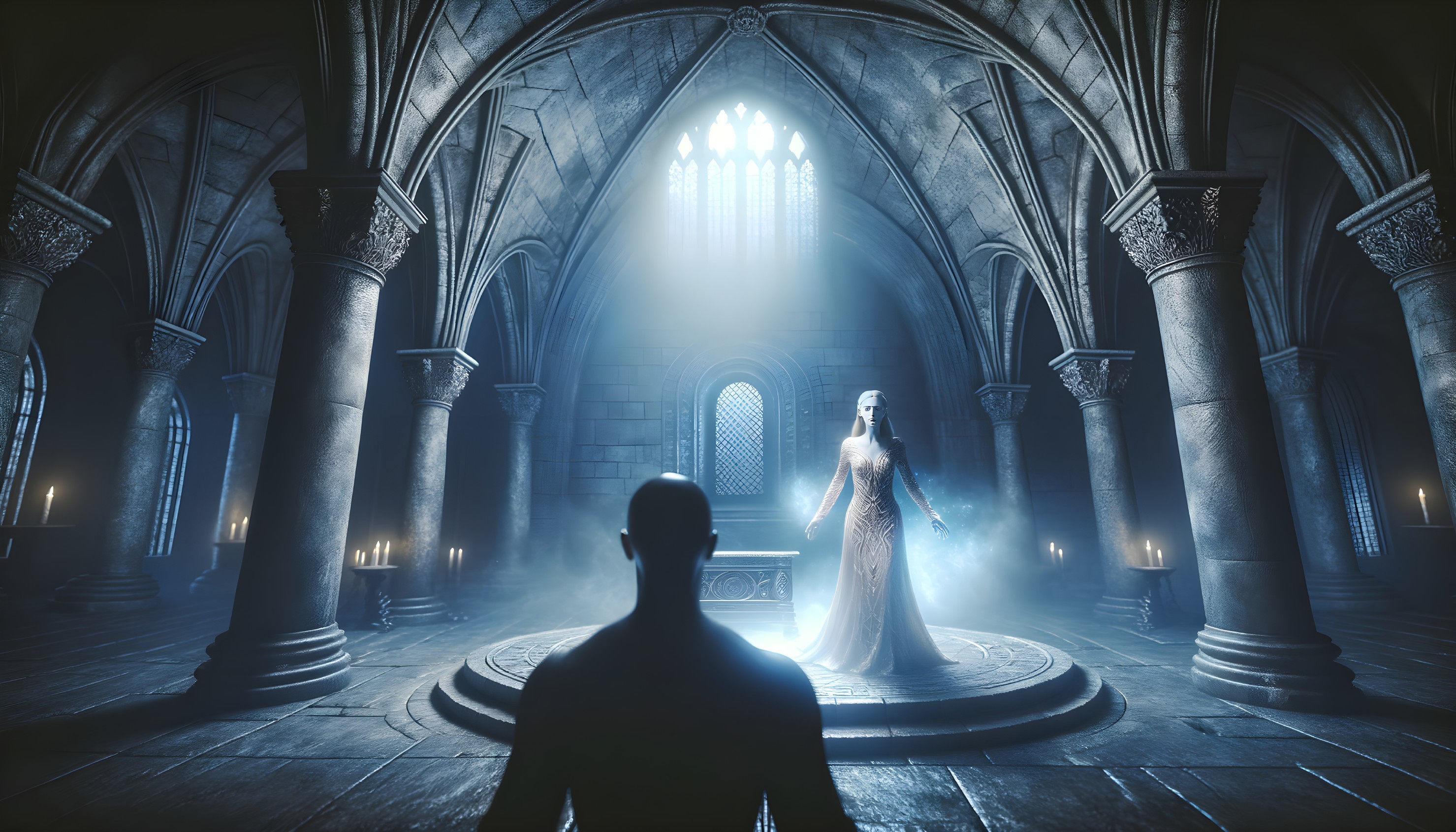 Bald Figure and Glowing Woman in Gothic Cathedral