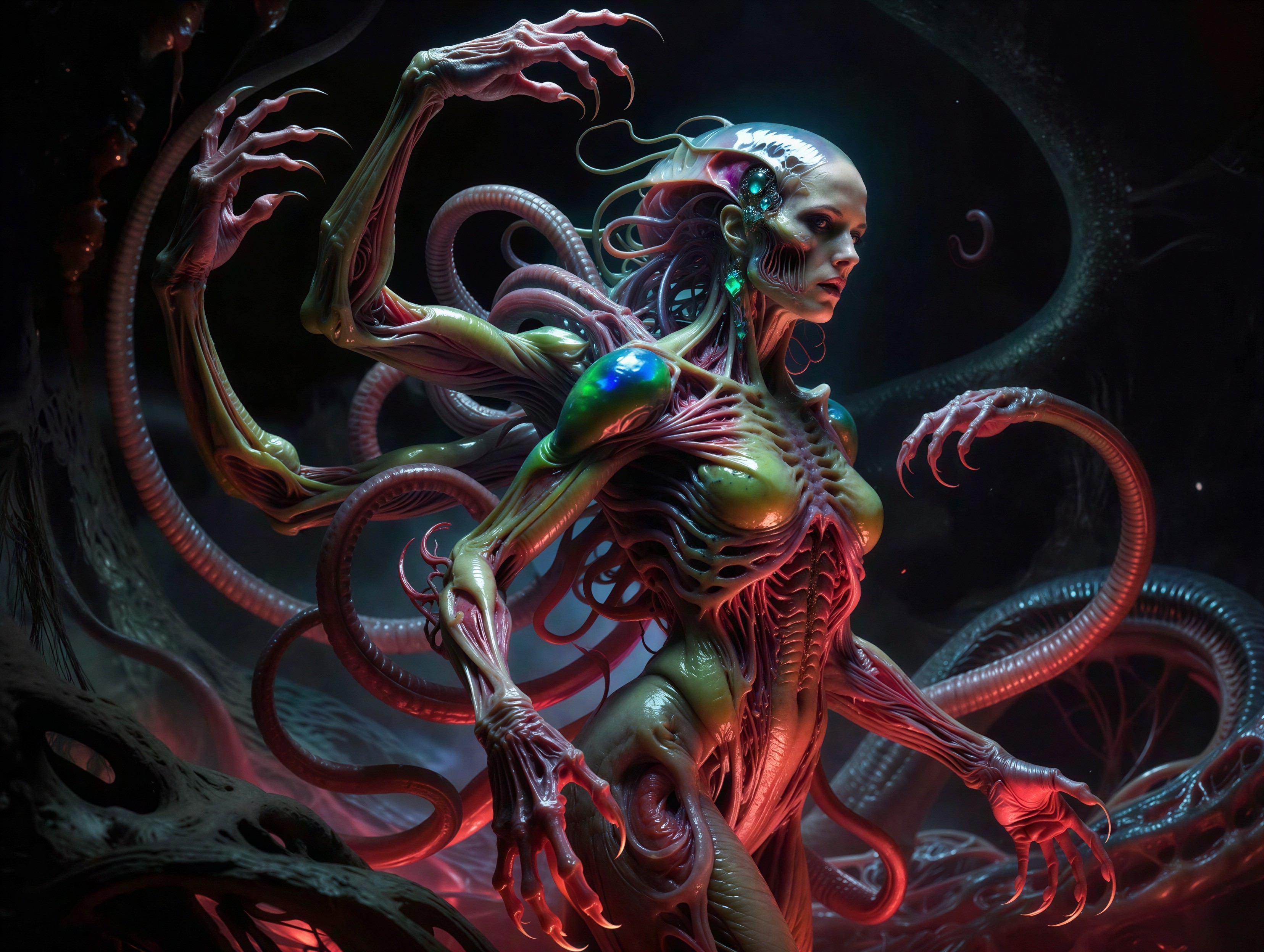 Surreal sci-fi horror creature with skeletal features