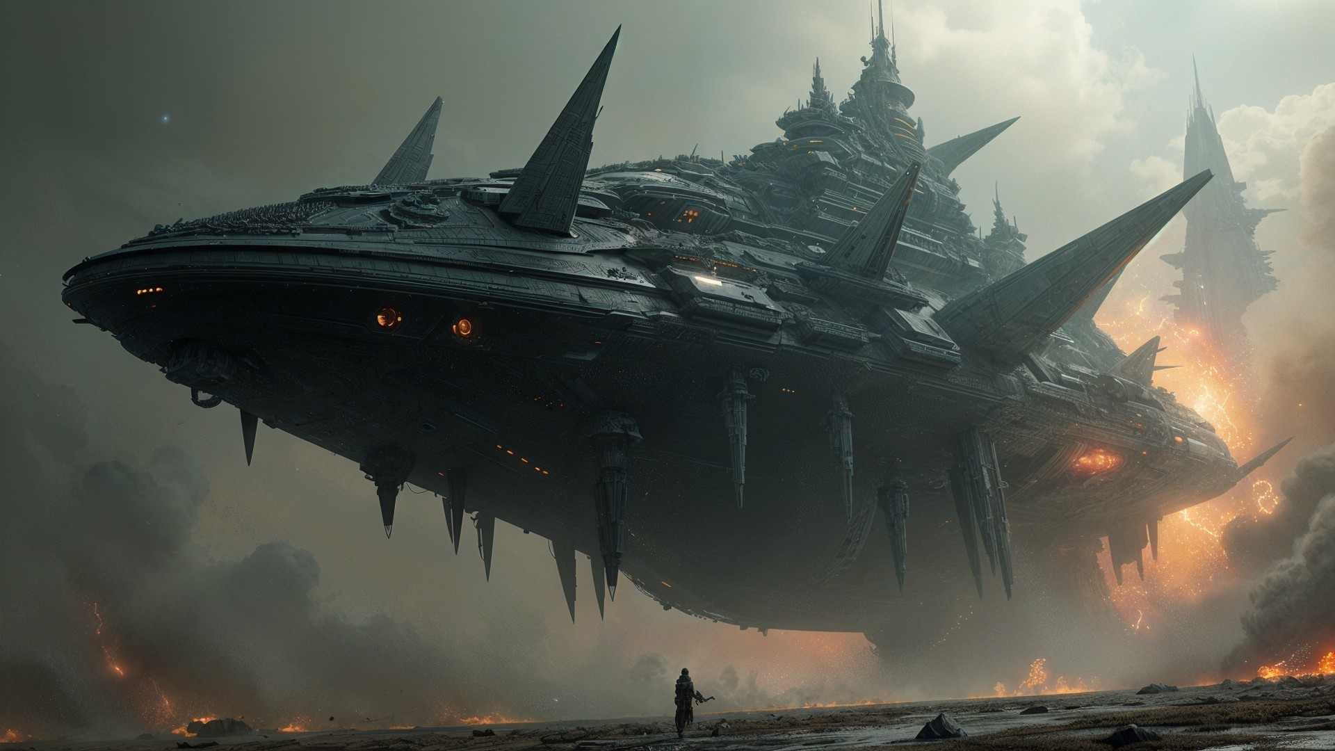 Massive Menacing Spaceship Over Desolate Landscape