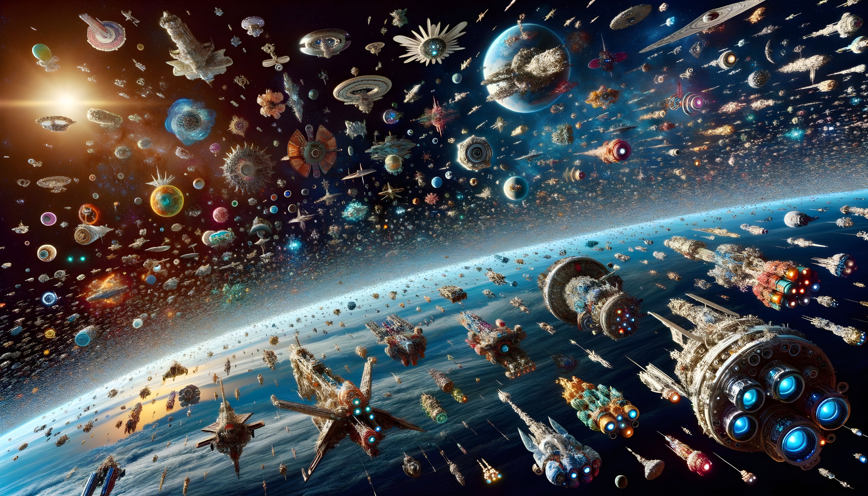 Vivid Space Scene with Colorful Spacecraft and Galaxies