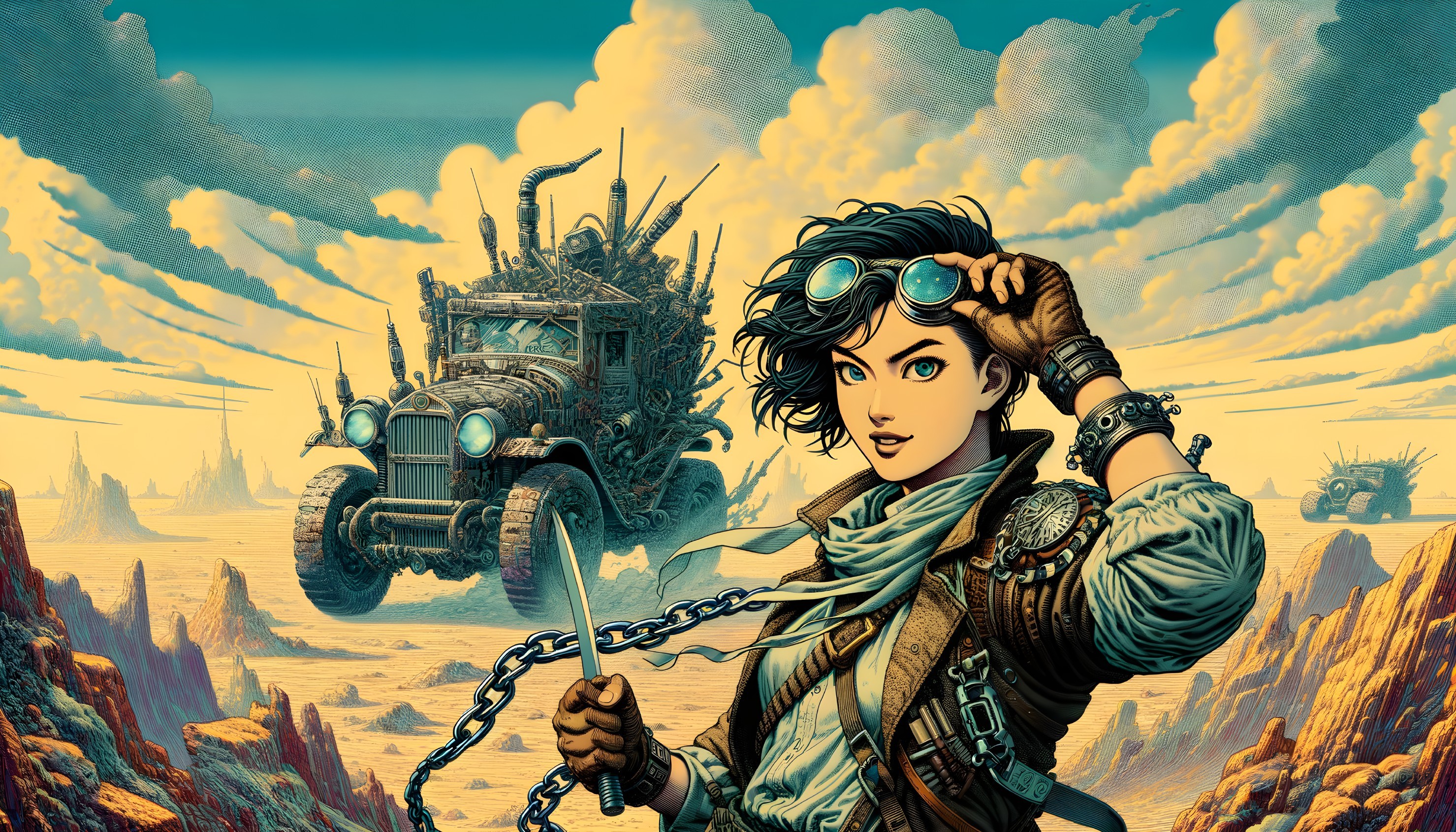 Post-Apocalyptic Scene with Young Woman and Vehicle