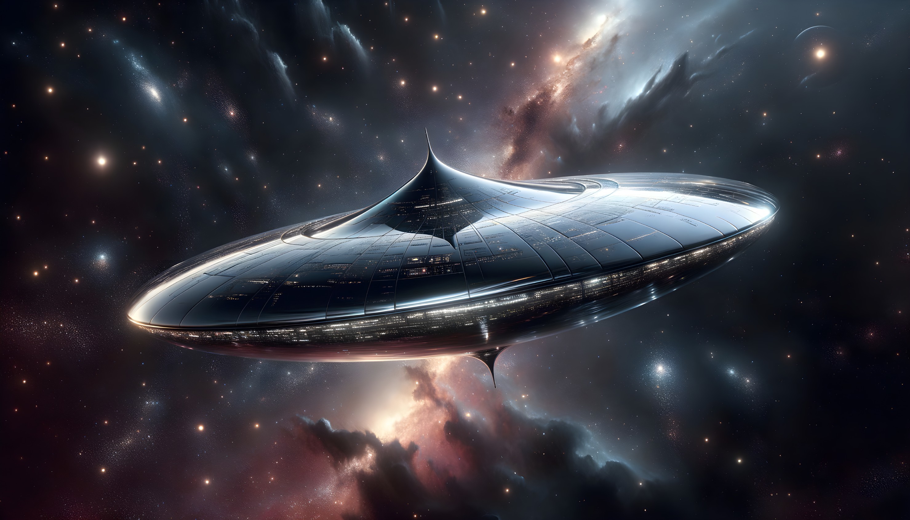 Futuristic spacecraft in a vibrant cosmic backdrop