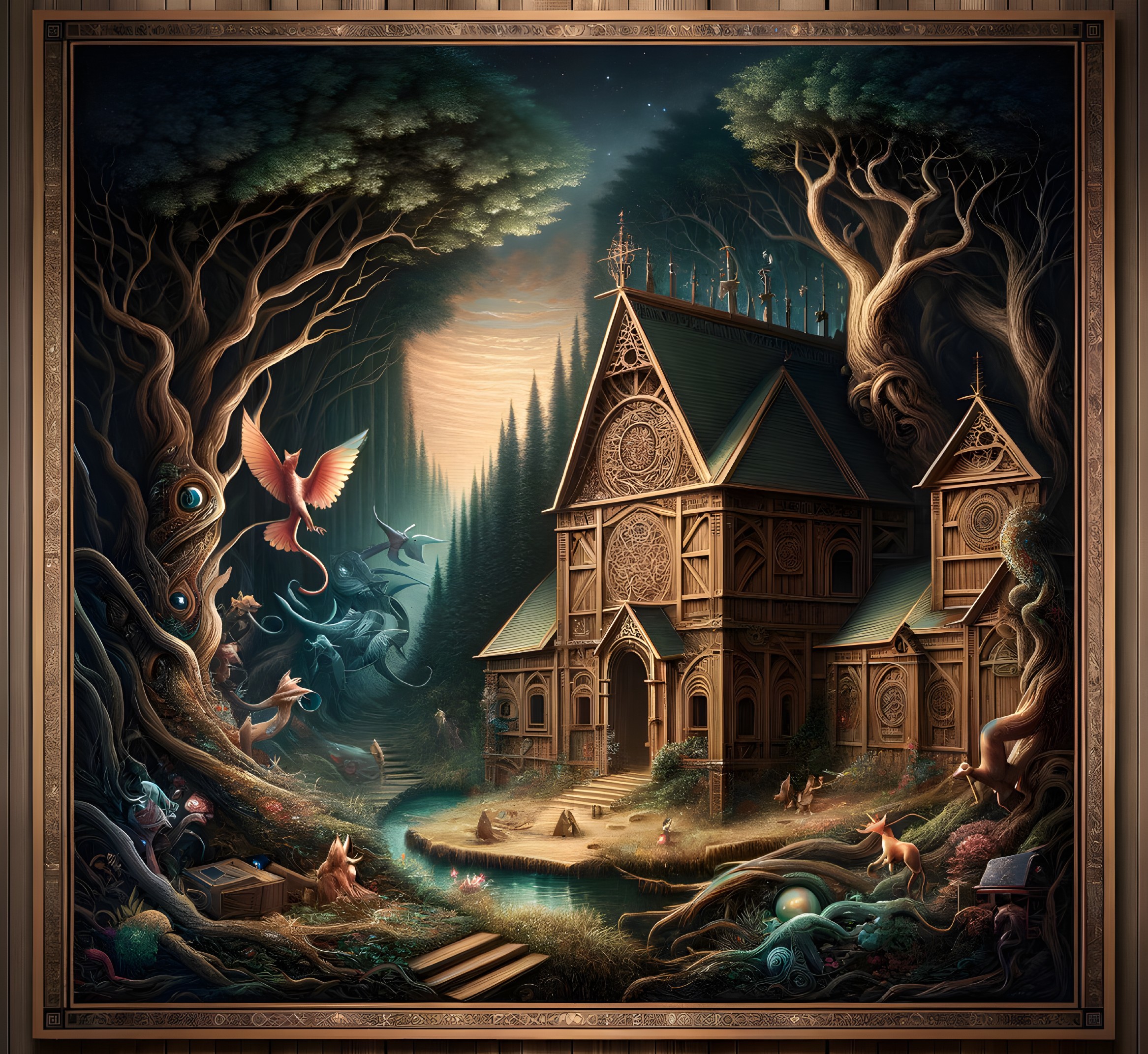 Enchanted forest with ornate house and whimsical creatures